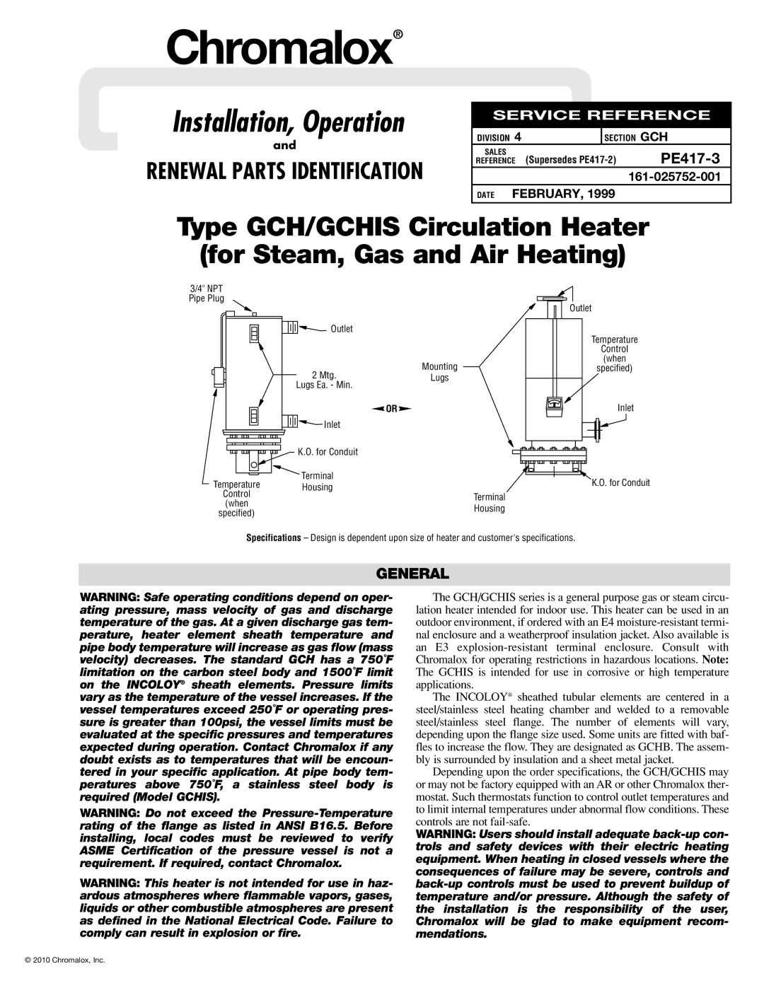 Chromalox PE417-3 specifications Chromalox, General 