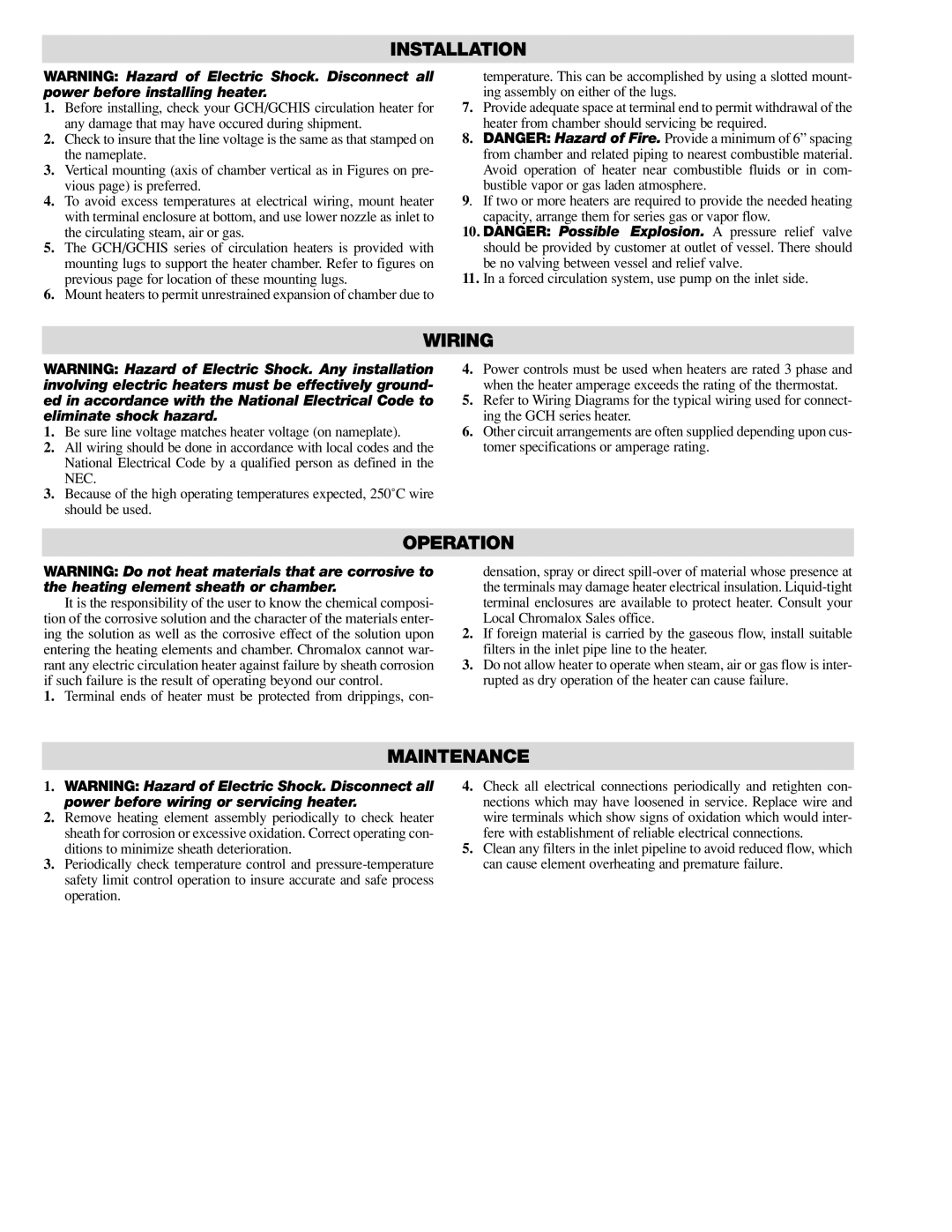 Chromalox PE417-3 specifications Installation, Wiring, Operation, Maintenance 