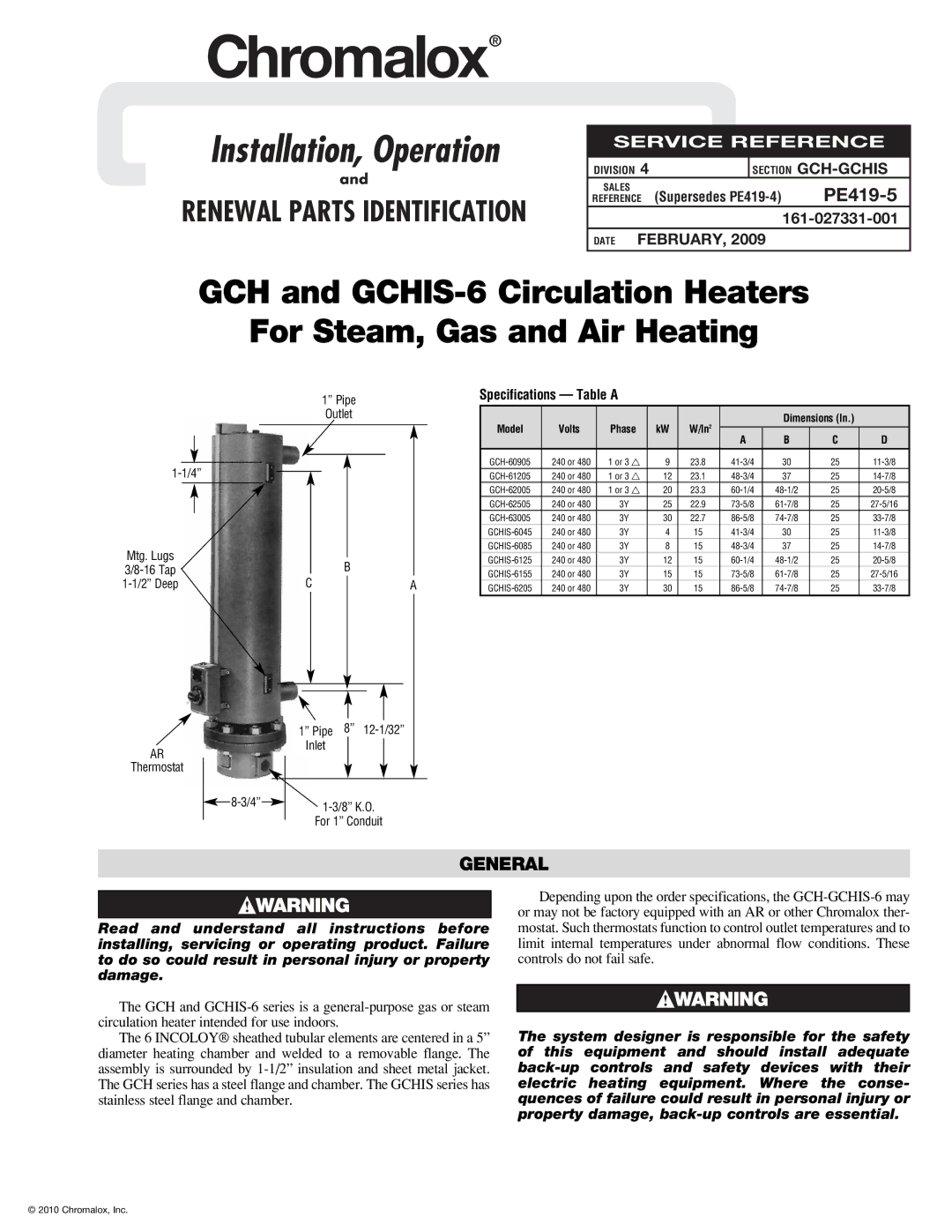 Chromalox PE419-5 specifications General, Supersedes PE419-4, Specifications Table a, Volts, In2 