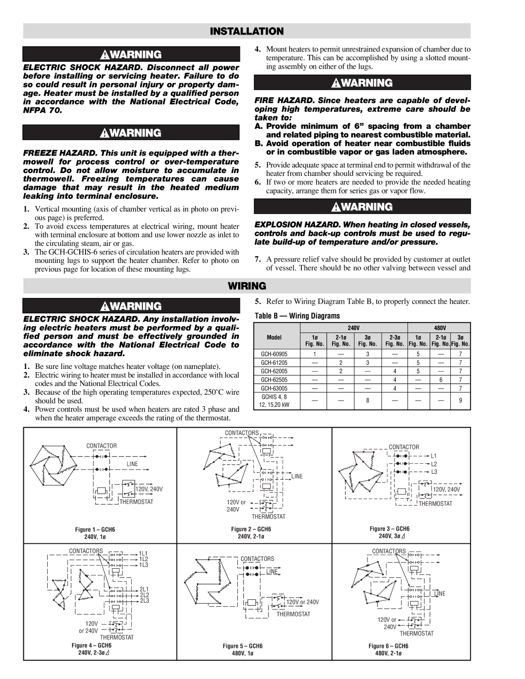 Chromalox PE419-5 specifications Installation, Table B Wiring Diagrams, 240V 480V 