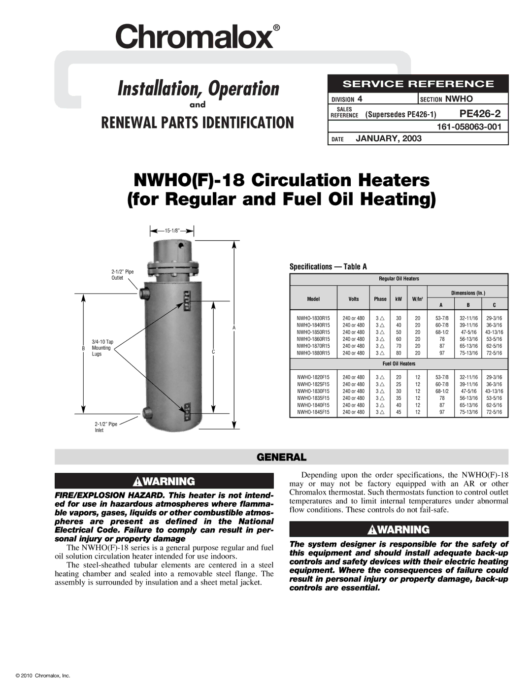 Chromalox PE426-2 specifications Chromalox, General 