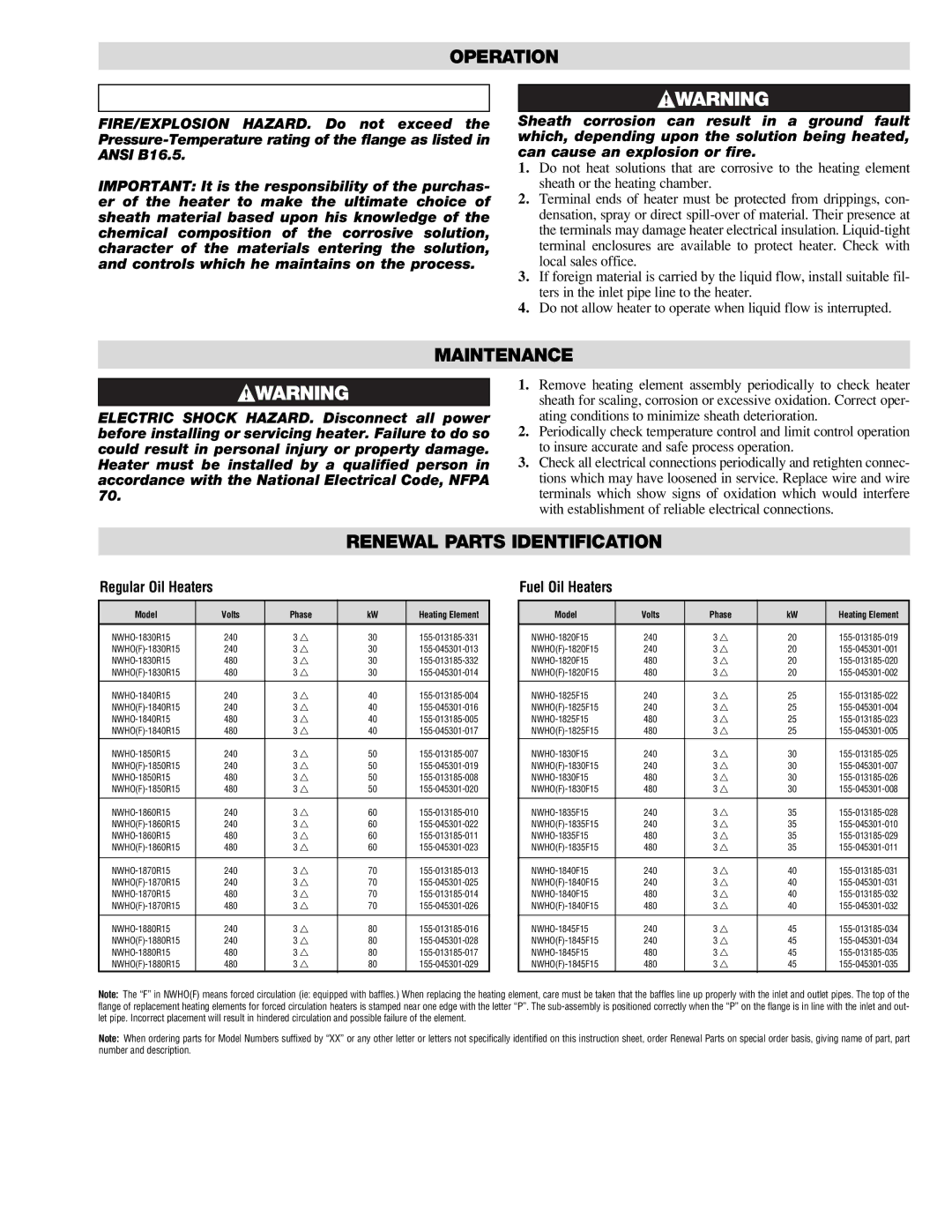 Chromalox PE426-2 specifications Operation, Maintenance, Renewal Parts Identification 