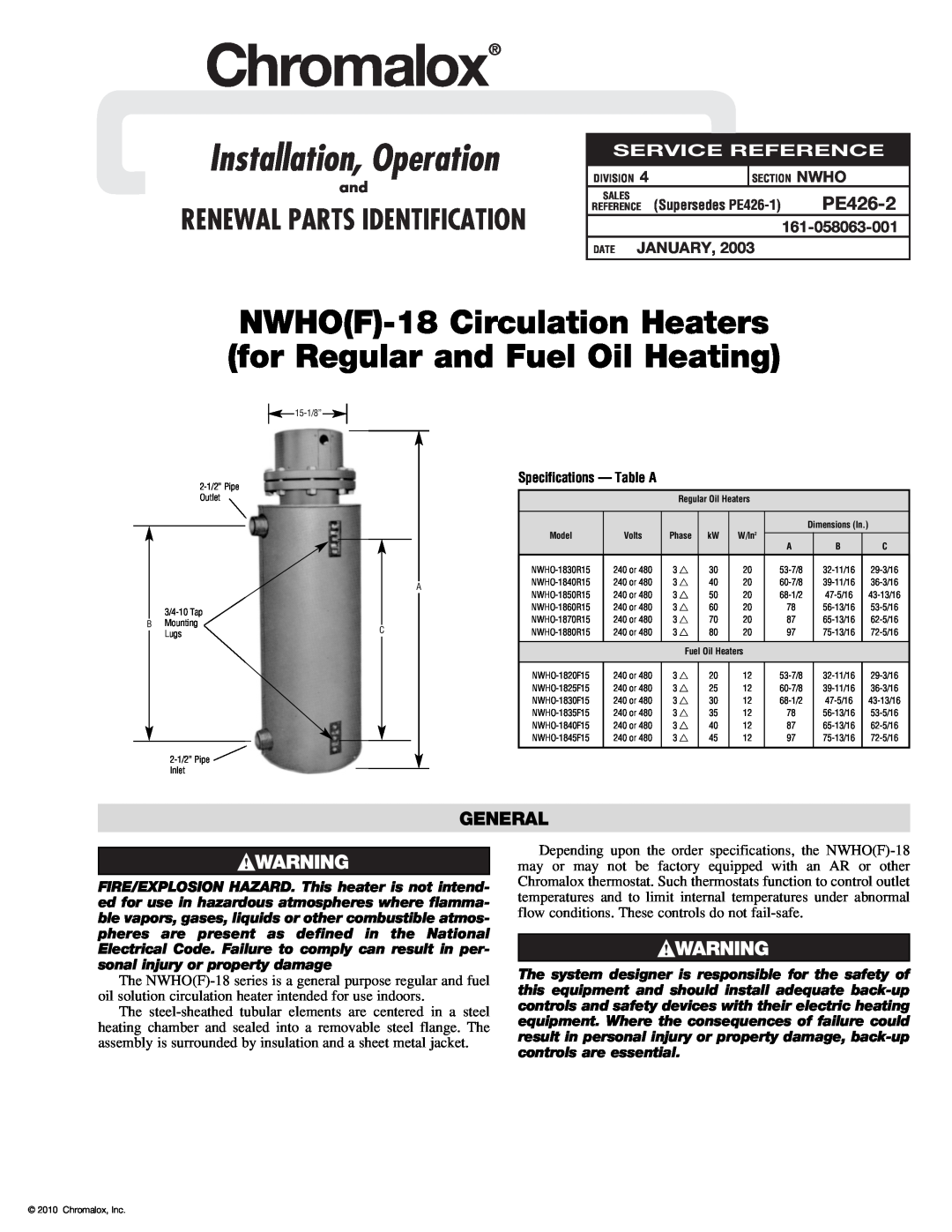 Chromalox PE426-2 specifications General, Chromalox, Installation, Operation, NWHOF-18Circulation Heaters, Date January 