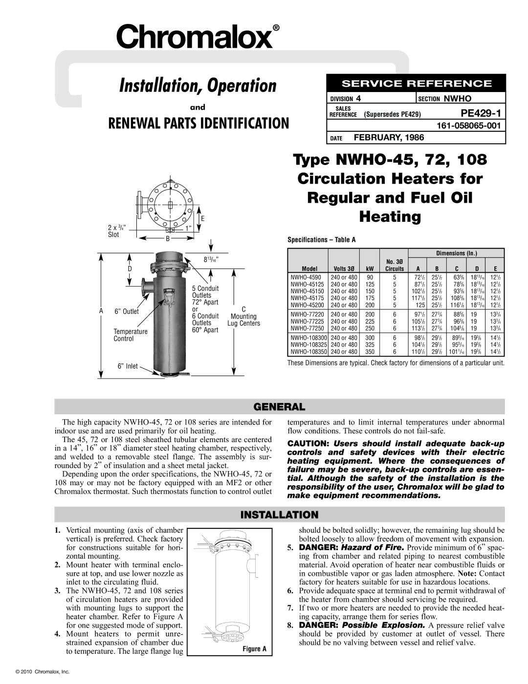 Chromalox PE429-1 dimensions General, Installation 