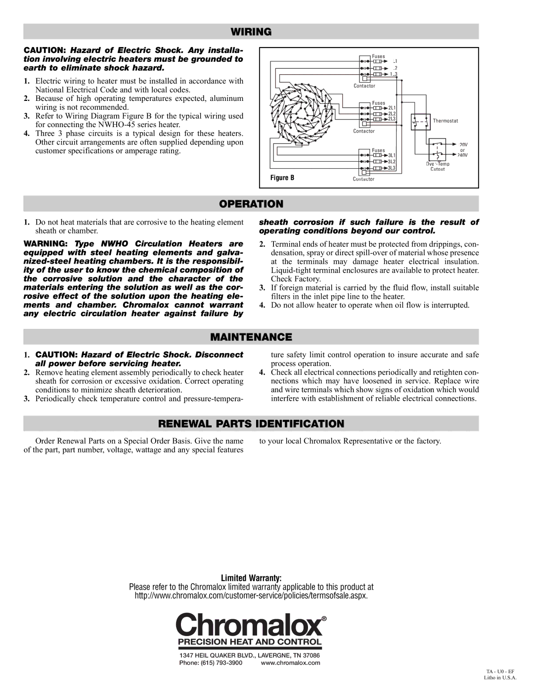 Chromalox PE429-1 dimensions Wiring, Operation, Maintenance, Renewal Parts Identification 