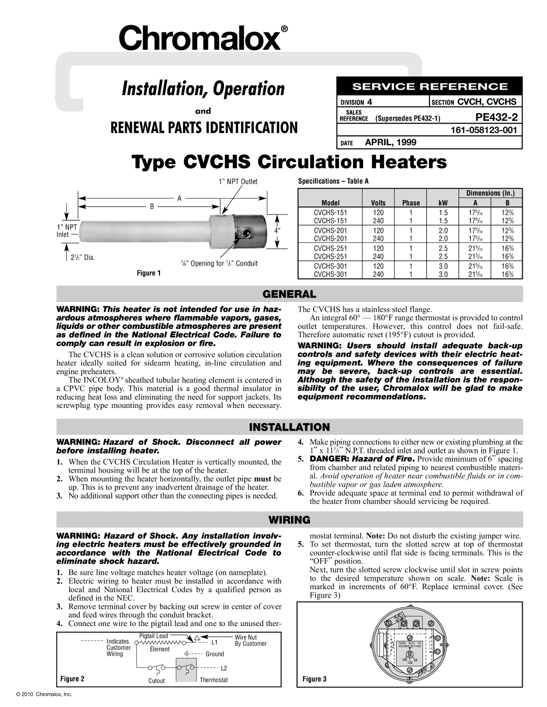 Chromalox PE432-2 specifications General, Installation, Wiring, NPT Outlet NPT Inlet 21/2 Dia Opening for 1/2 Conduit 