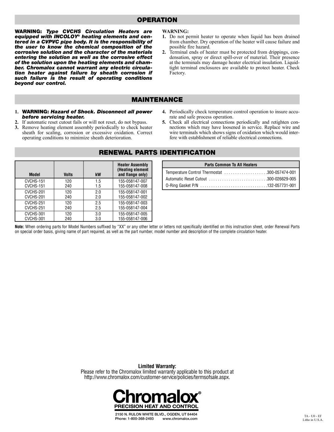 Chromalox PE432-2 specifications Operation, Maintenance, Renewal Parts Identification 