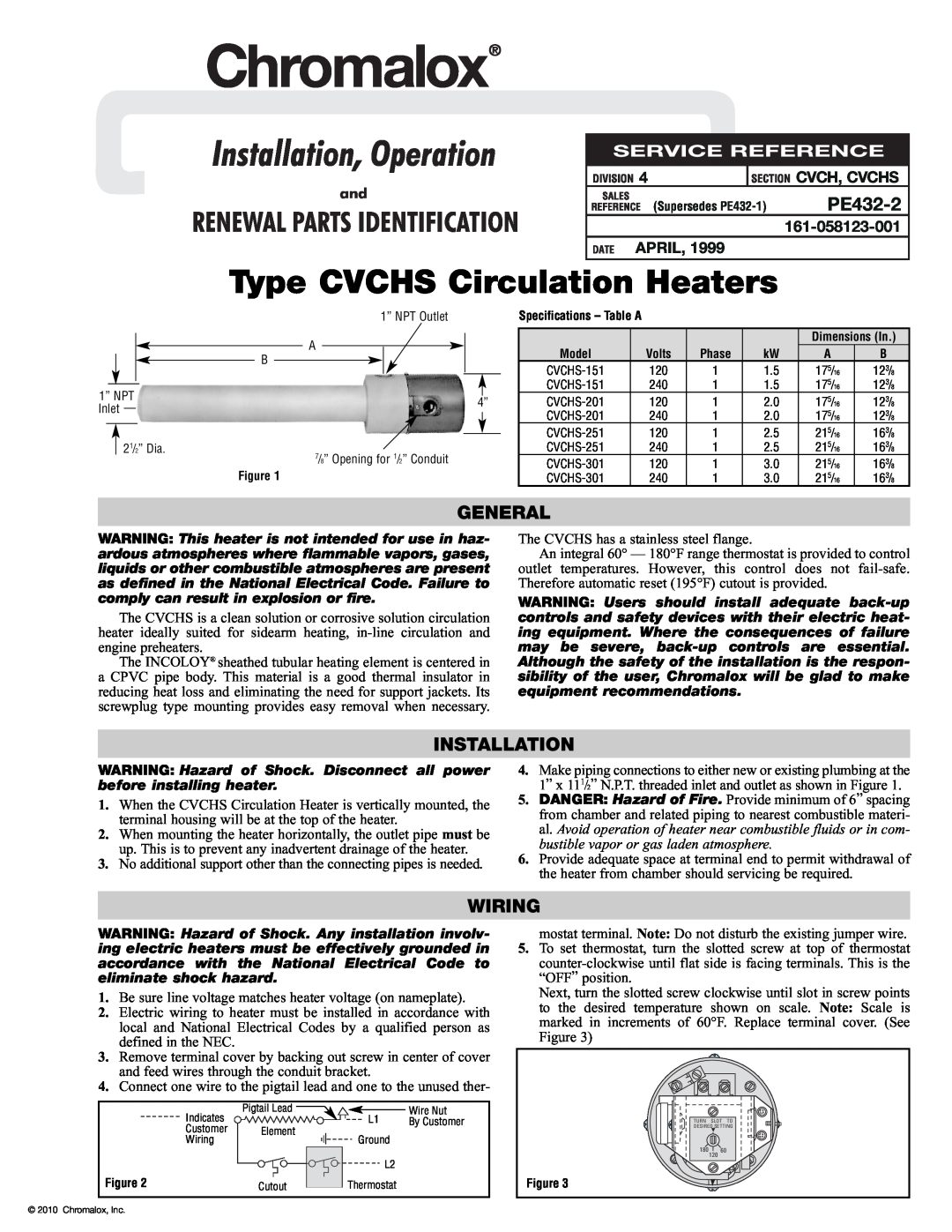 Chromalox PE432-2 specifications General, Wiring, Cvch, Cvchs, April, Installation, Operation 