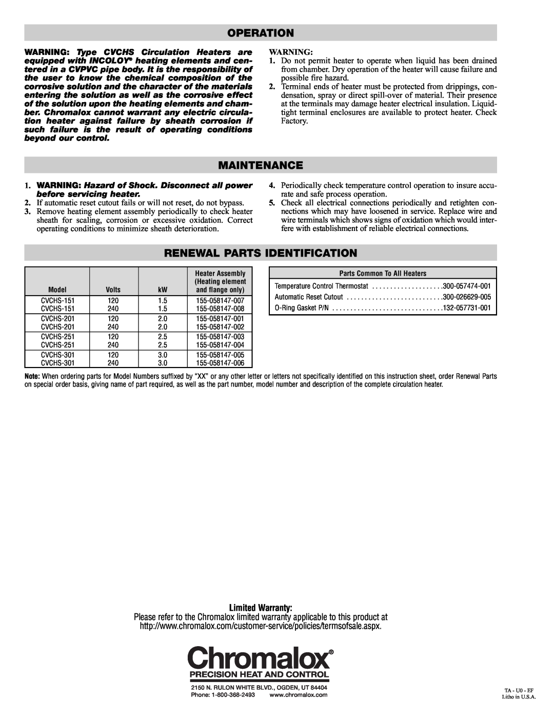 Chromalox PE432-2 specifications Operation, Maintenance, Renewal Parts Identification, Limited Warranty 