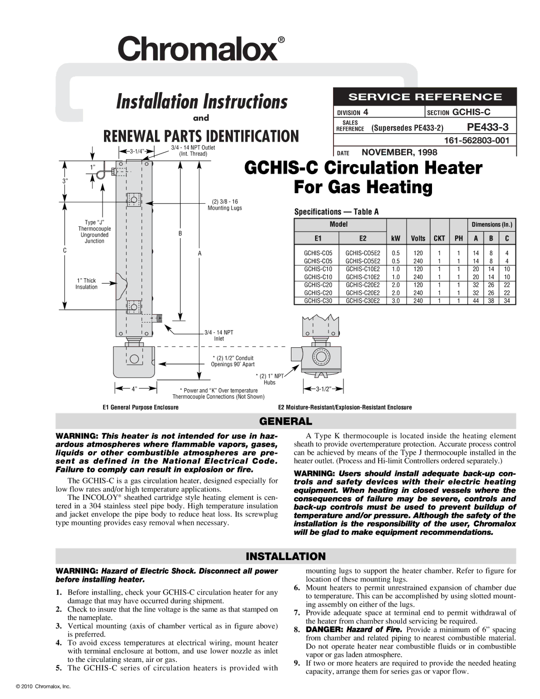 Chromalox PE433-3 installation instructions General, Installation, Dimensions 