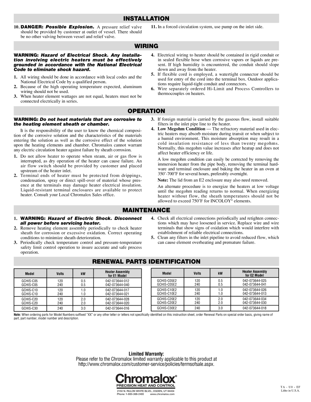 Chromalox PE433-3 installation instructions Wiring, Operation, Maintenance, Renewal Parts Identification 