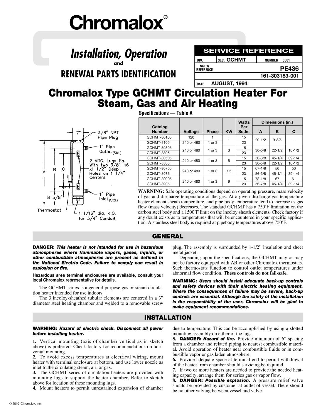 Chromalox PE436 specifications General, Installation, Specifications Table a 