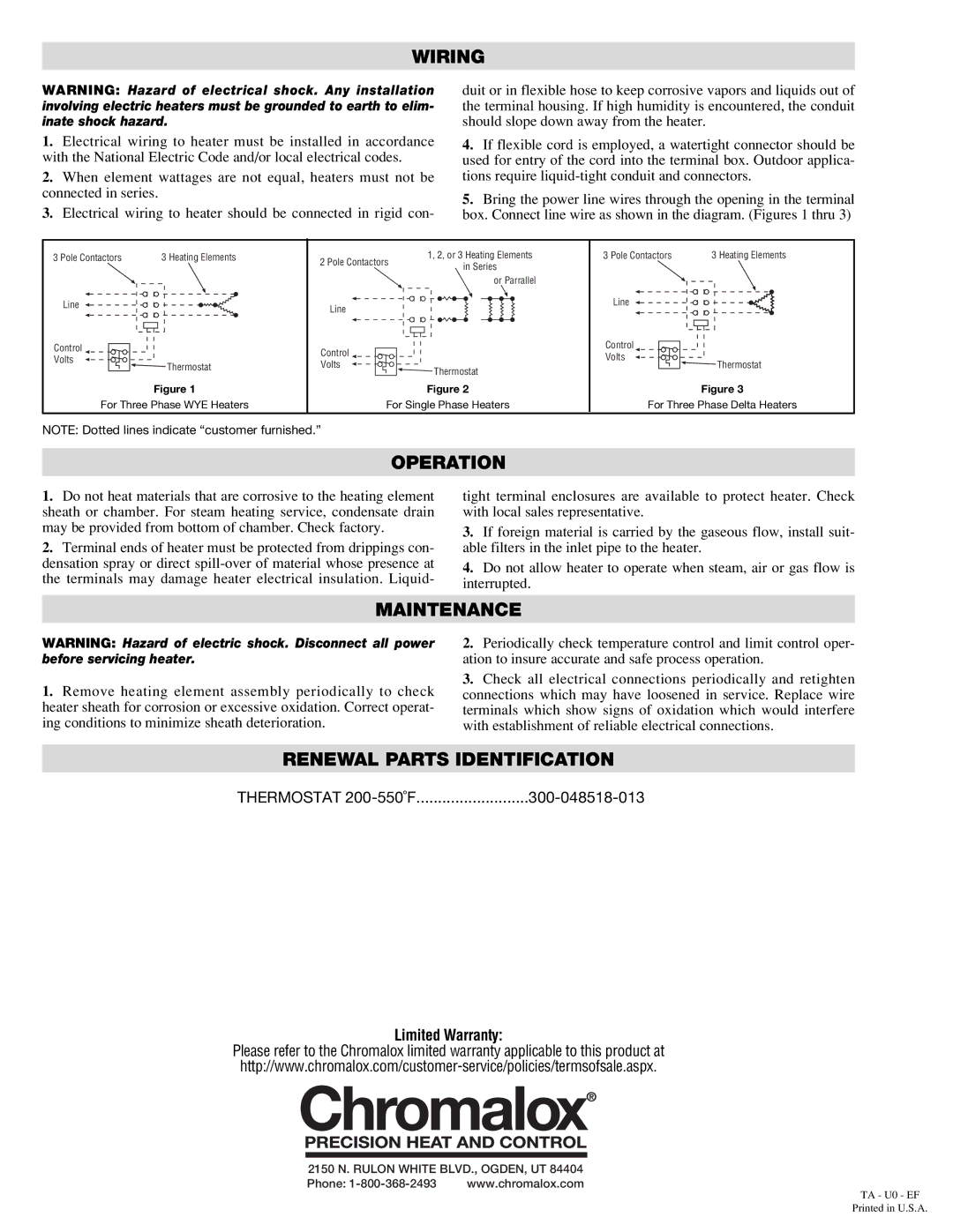 Chromalox PE436 specifications Wiring, Operation, Maintenance, Renewal Parts Identification, Limited Warranty 