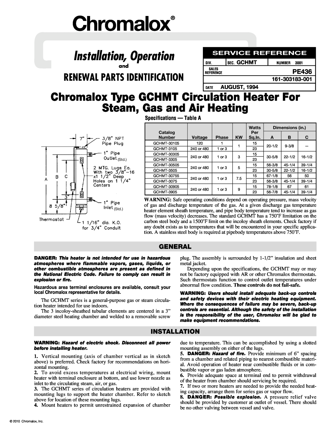 Chromalox PE436 specifications General, Specifications - Table A, Chromalox, Installation, Operation, 161-303183-001 
