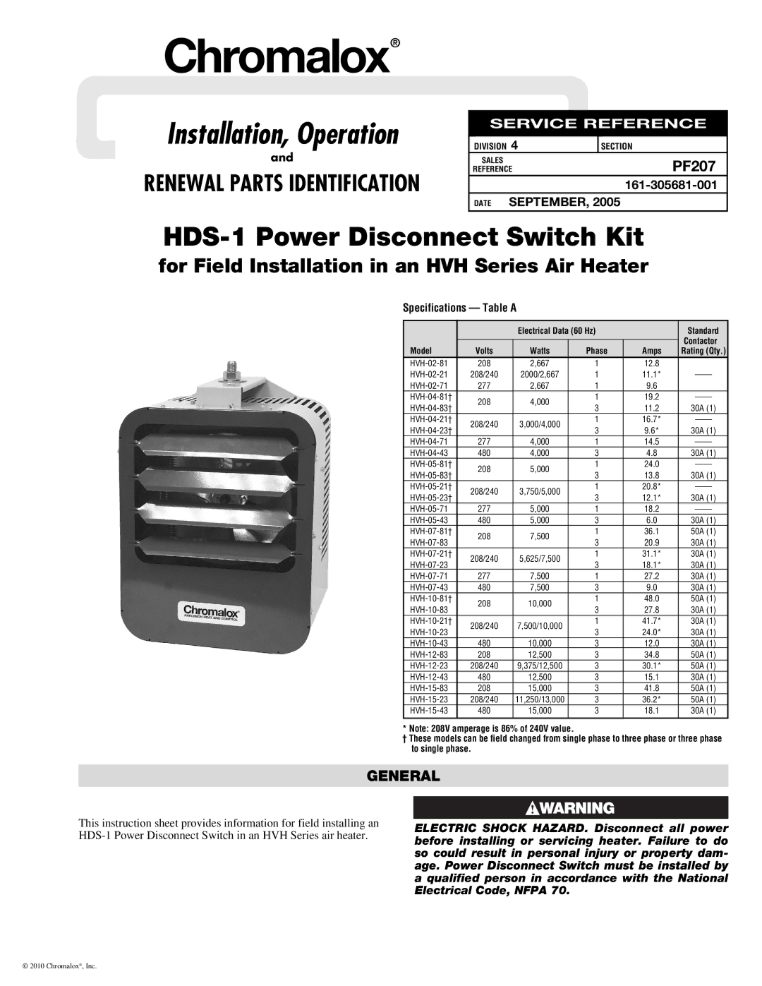 Chromalox PF207 specifications Chromalox, General 