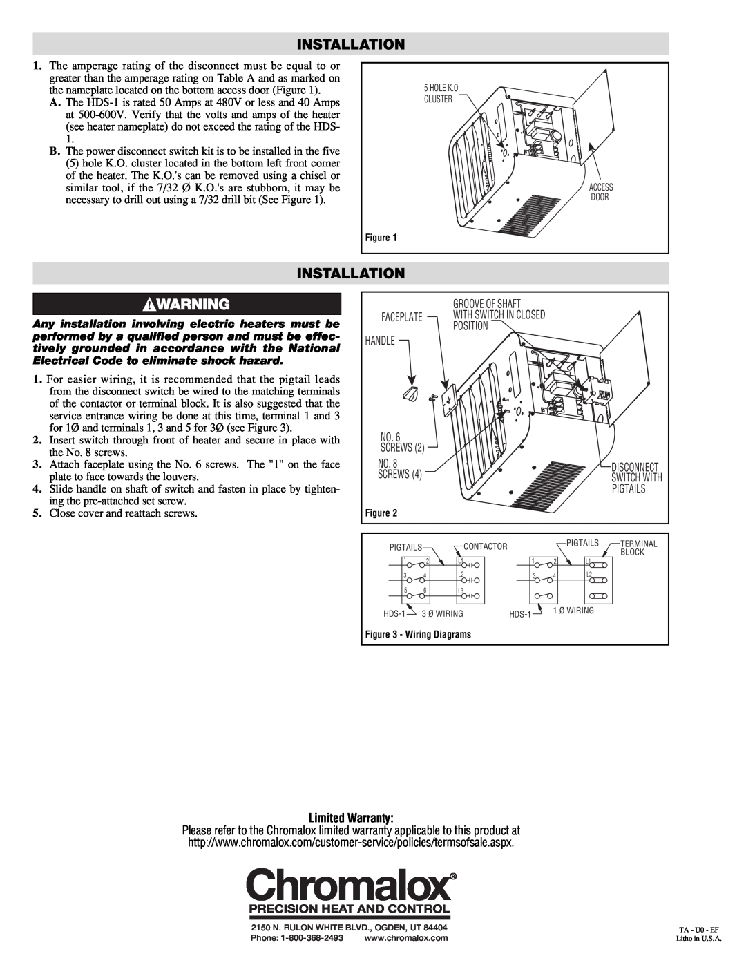 Chromalox PF207 specifications Installation, Limited Warranty 