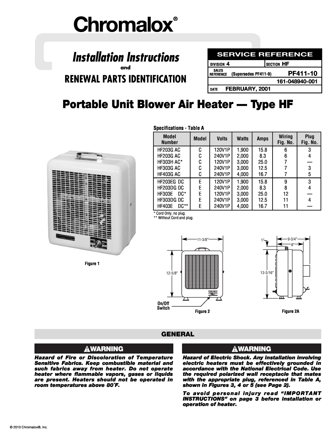 Chromalox PF411-10 installation instructions General, Specifications - Table A, Chromalox, Installation Instructions 