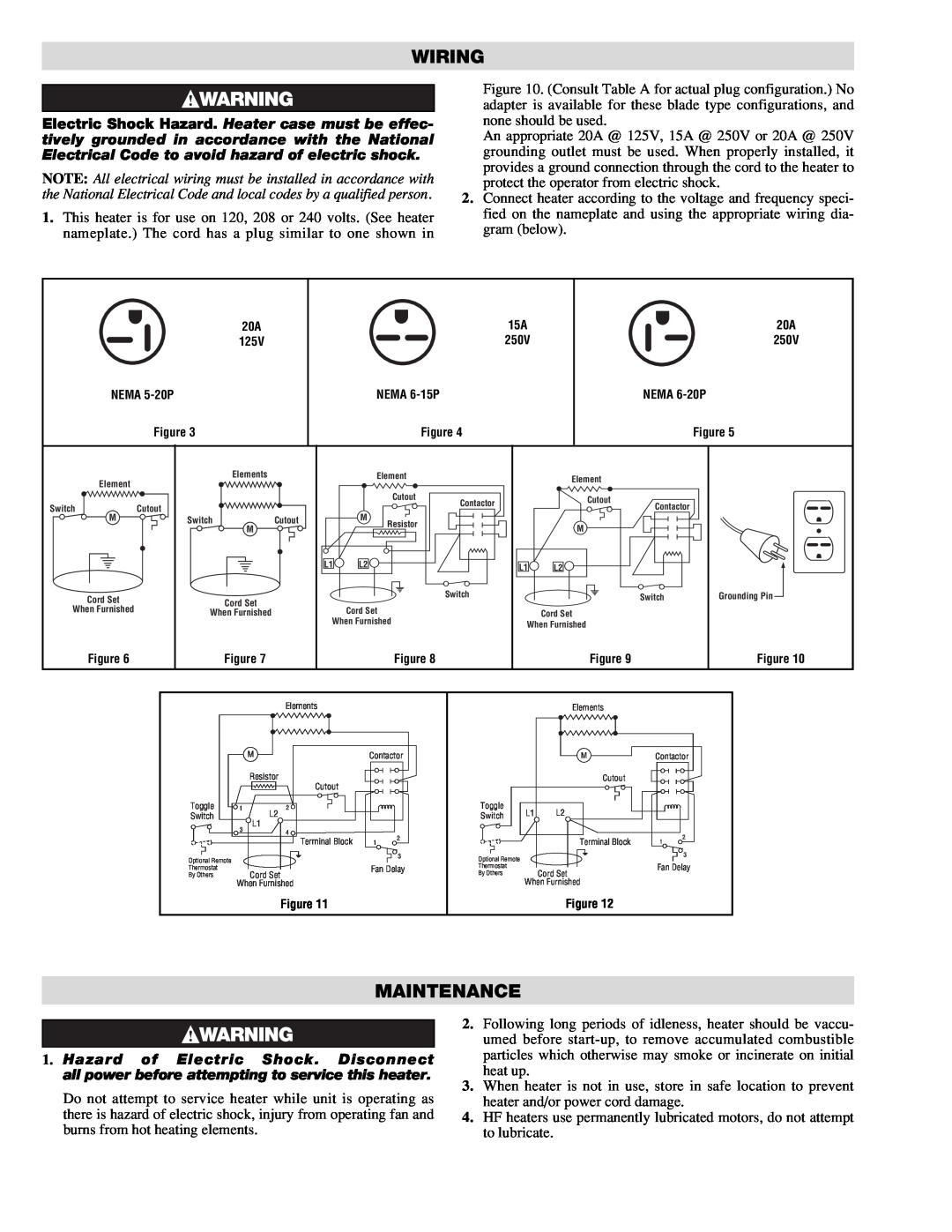 Chromalox PF411-10 installation instructions Wiring, Maintenance, 125V, NEMA 5-20P, NEMA 6-20P 