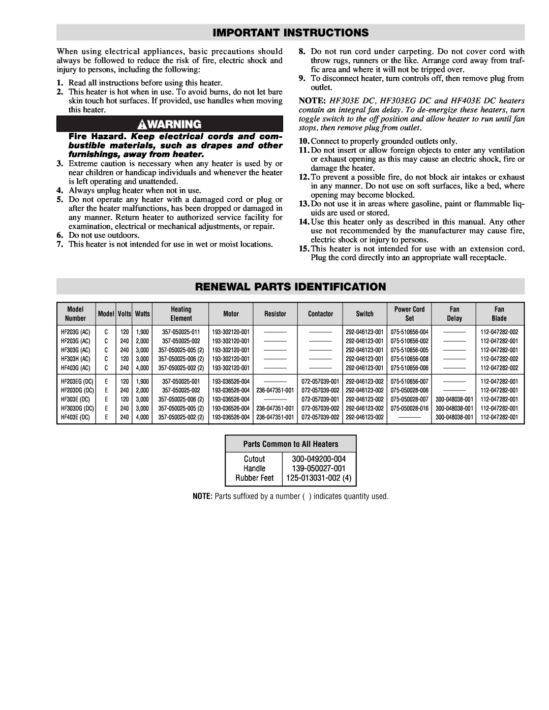 Chromalox PF411-10 installation instructions Important Instructions, Renewal Parts Identification 