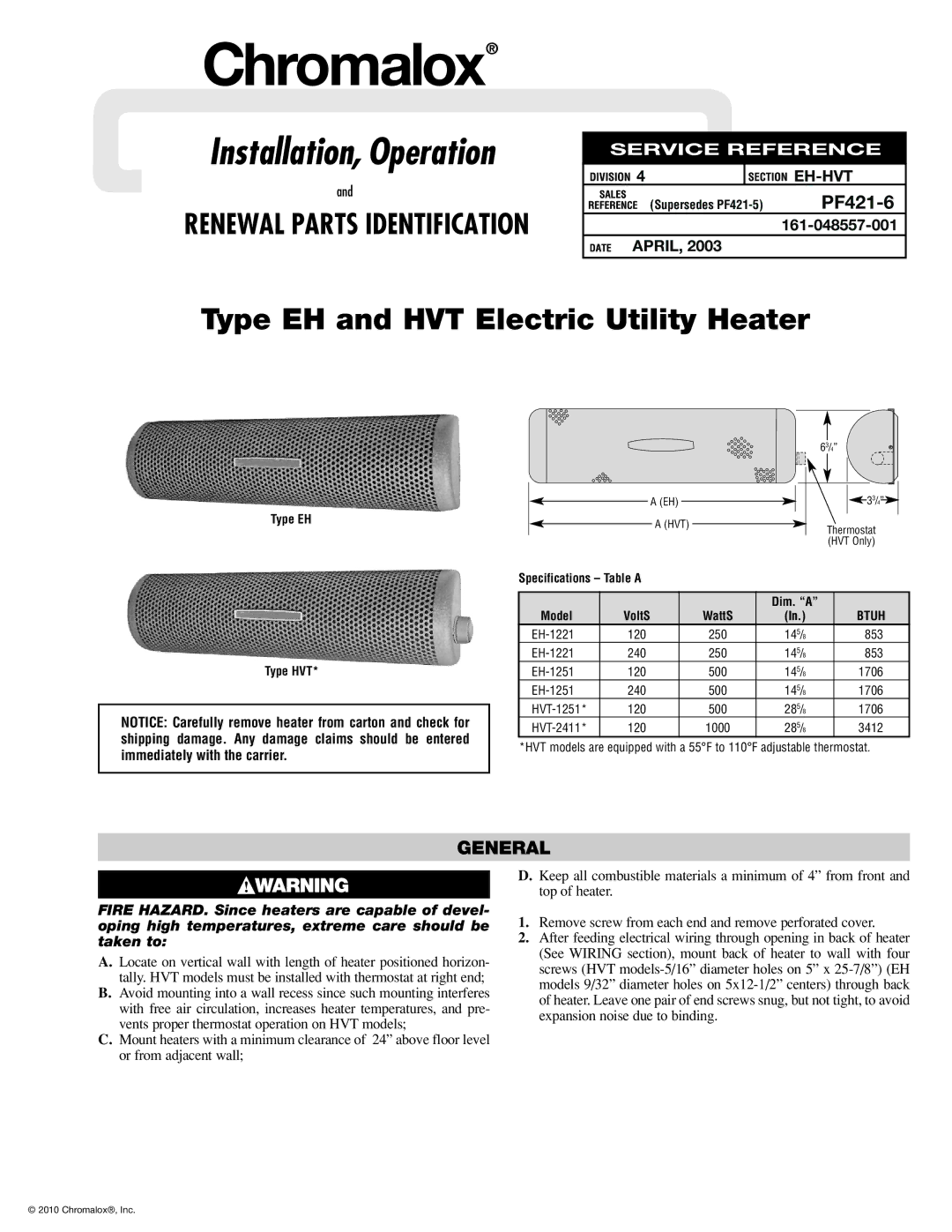 Chromalox PF421-6 specifications Installation, Operation, General 