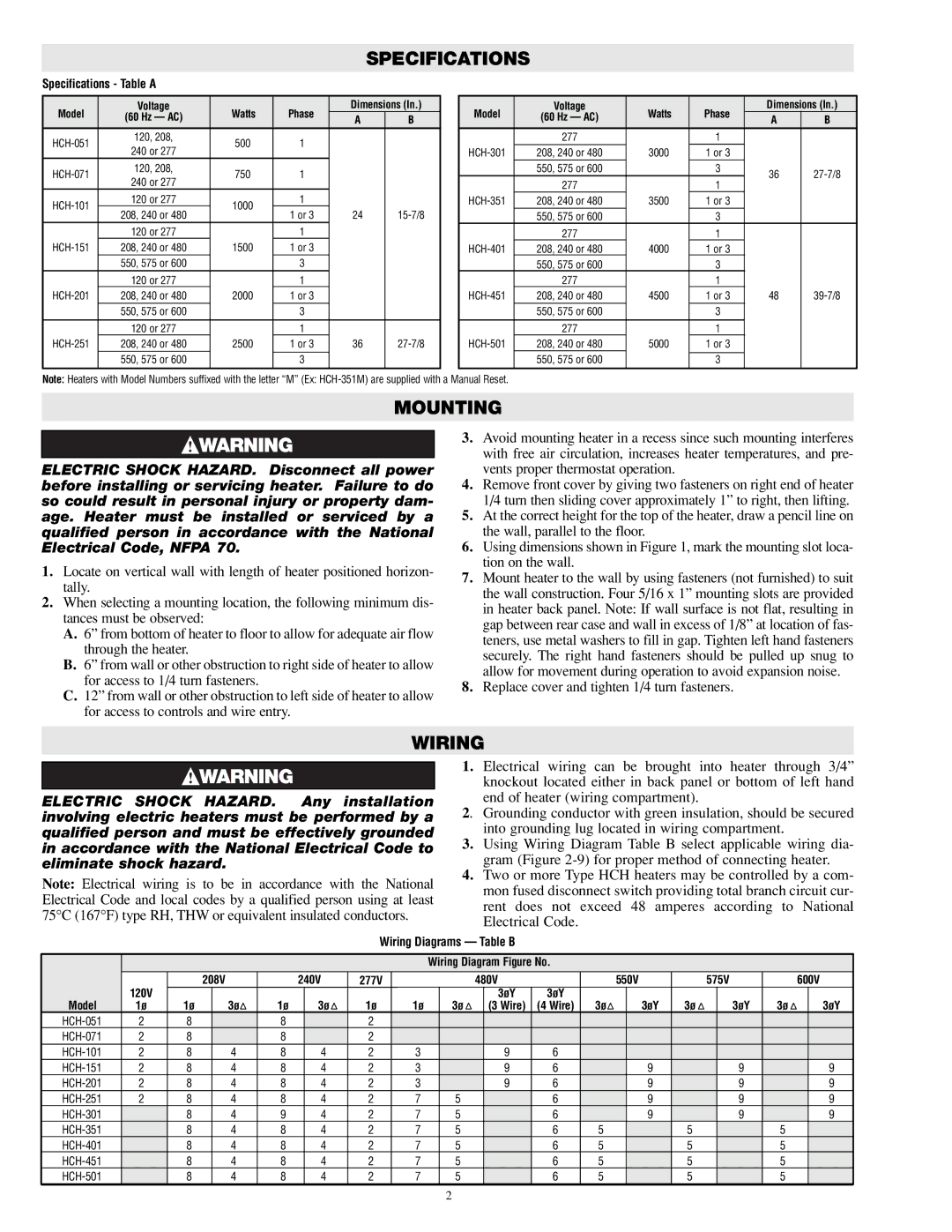 Chromalox PF422-5 manual Mounting, Specifications Table a, Wiring Diagrams Table B 