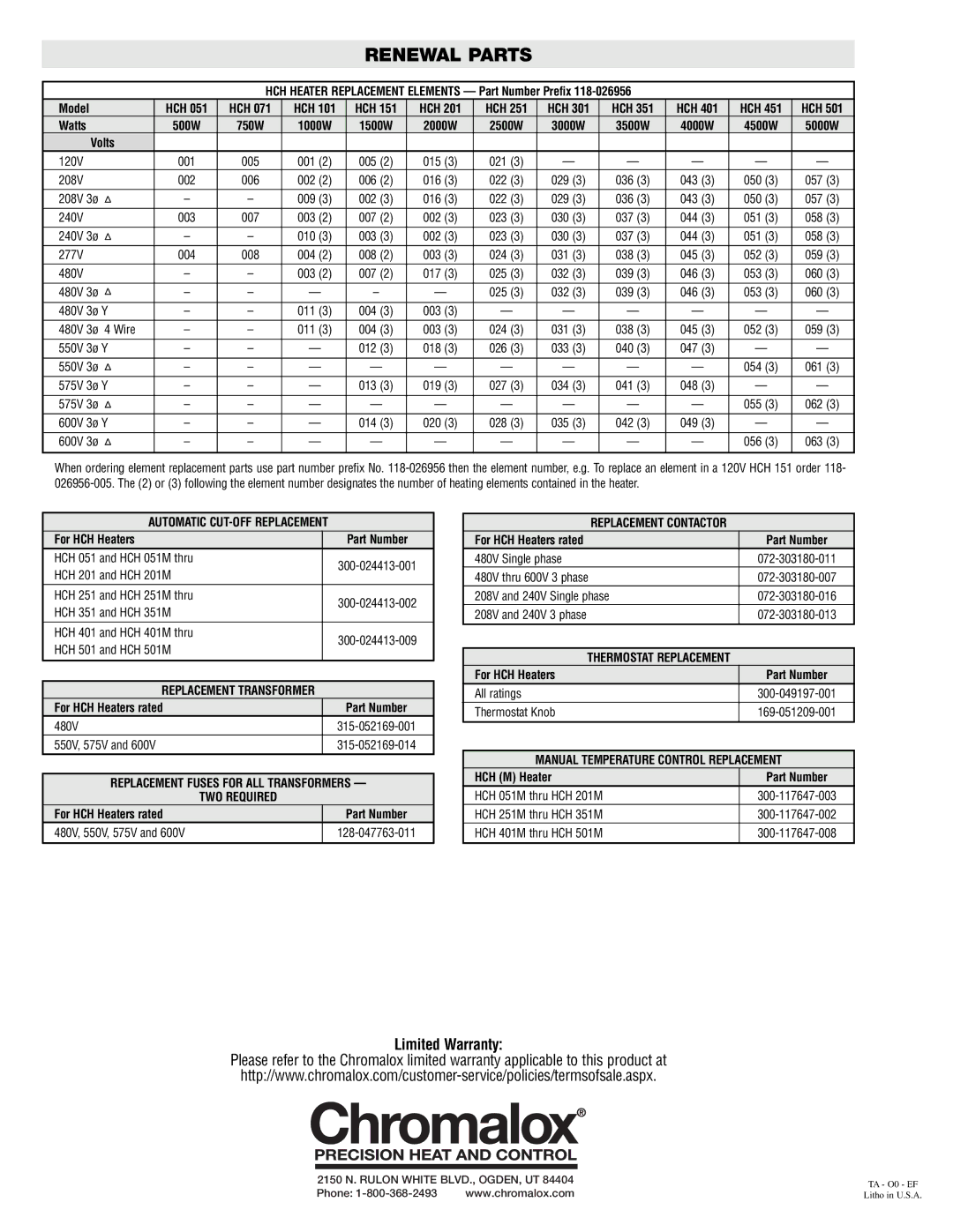 Chromalox PF422-5 manual Renewal Parts 