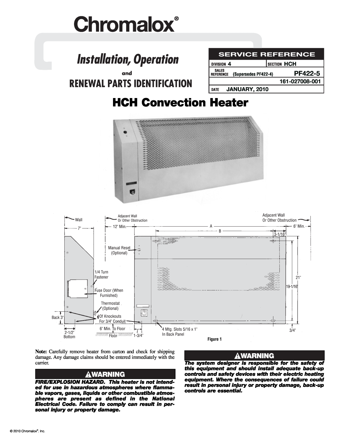 Chromalox PF422-5 manual January, Installation, Operation, HCH Convection Heater, Renewal Parts Identification 