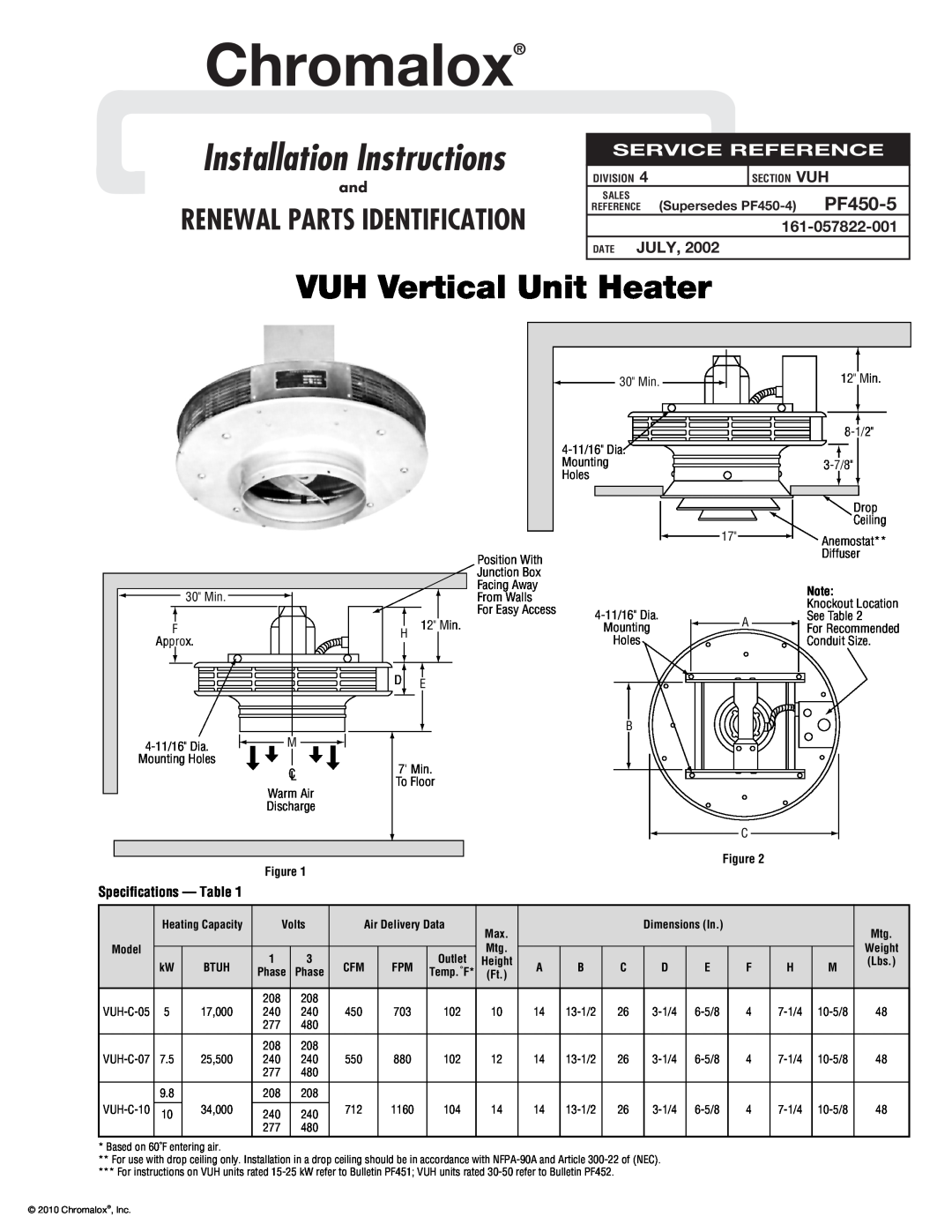 Chromalox PF450-5 specifications 161-057822-001, Date July, Installation Instructions, VUH Vertical Unit Heater 