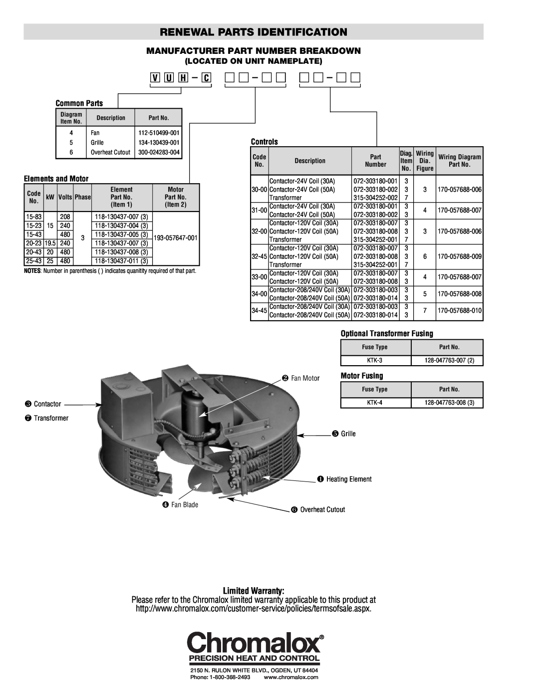 Chromalox PF451-3 specifications Renewal Parts Identification, Manufacturer Part Number Breakdown, Limited Warranty 