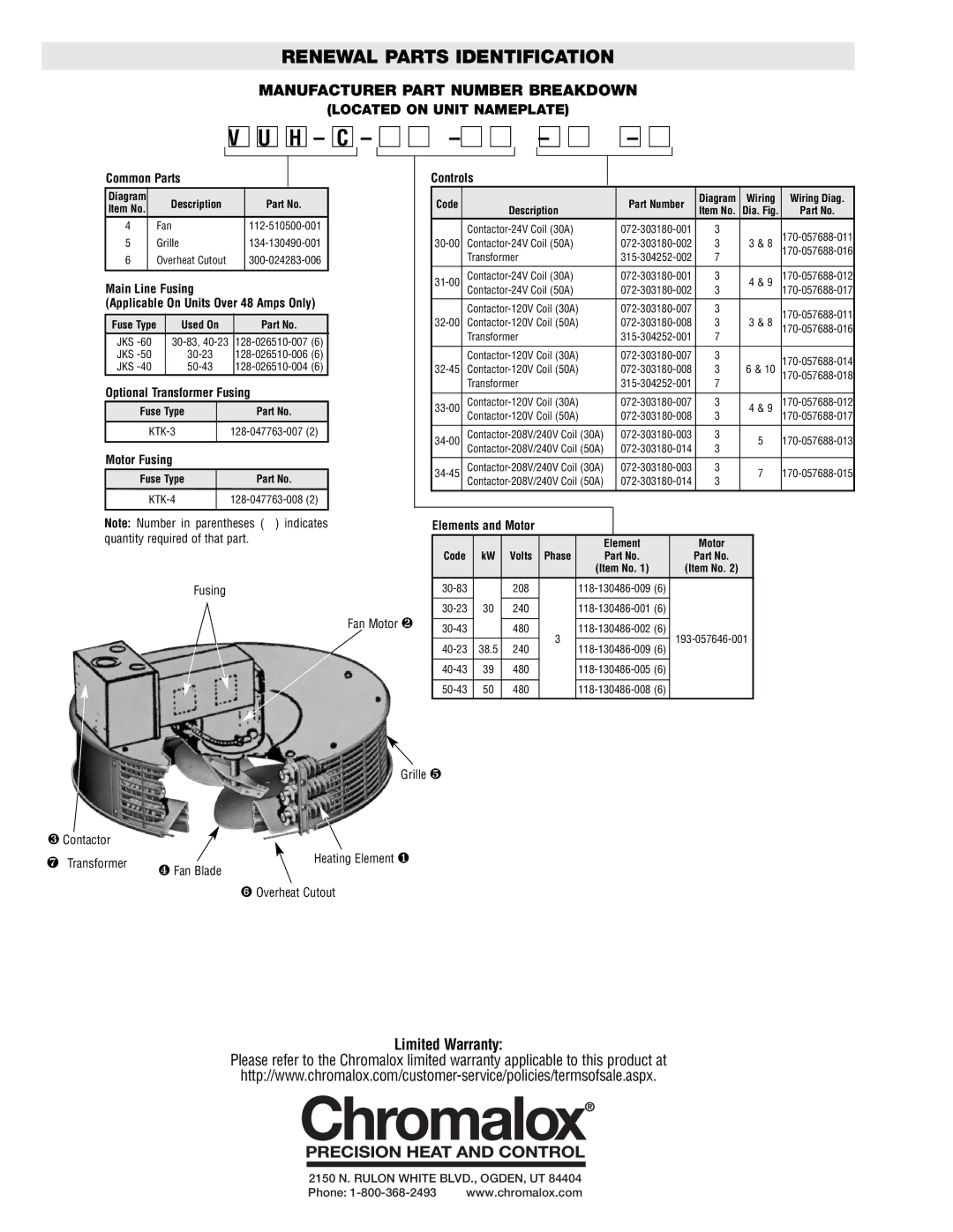 Chromalox PF452-4 specifications Renewal Parts Identification, Limited Warranty 