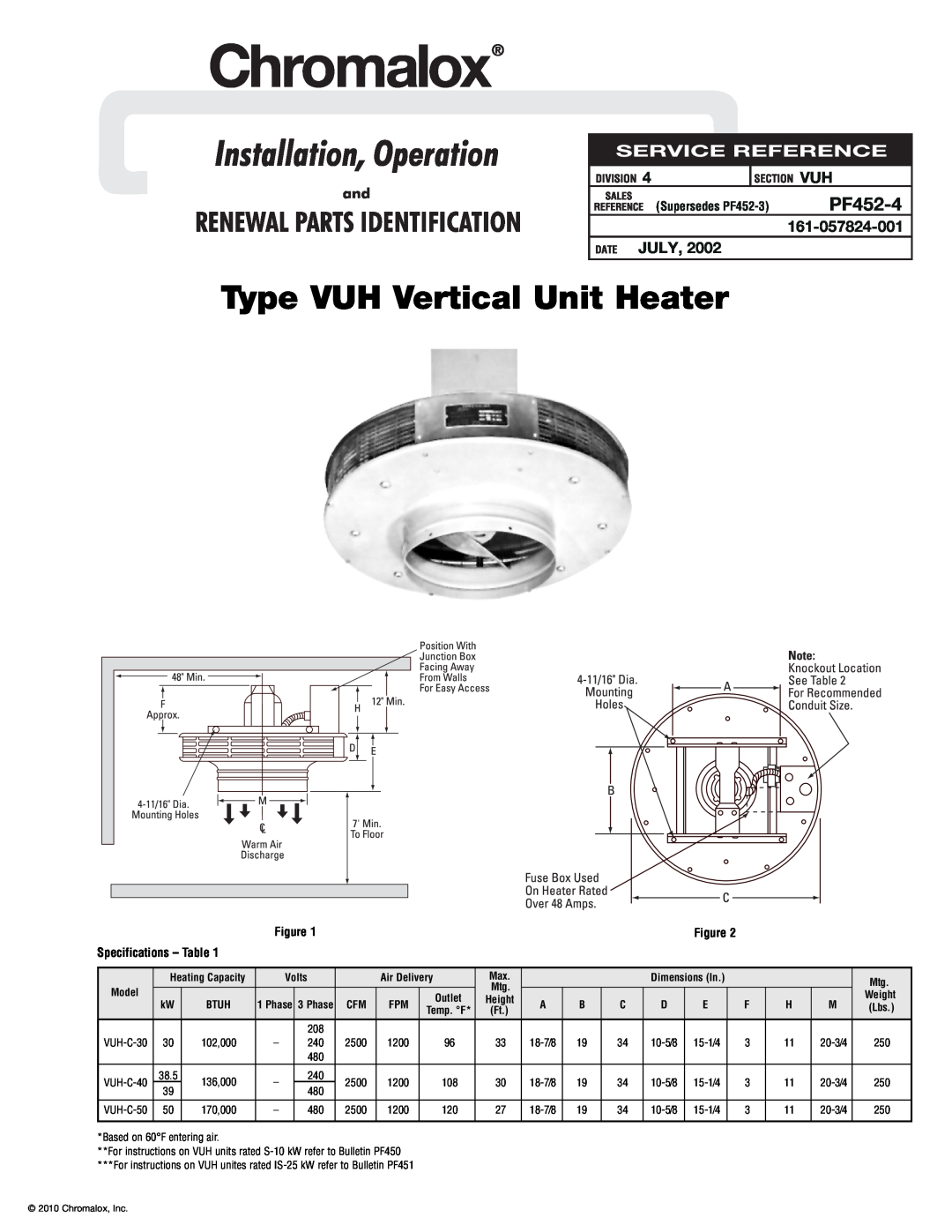 Chromalox PF452-4 specifications July, Type VUH Vertical Unit Heater, Specifications - Table 