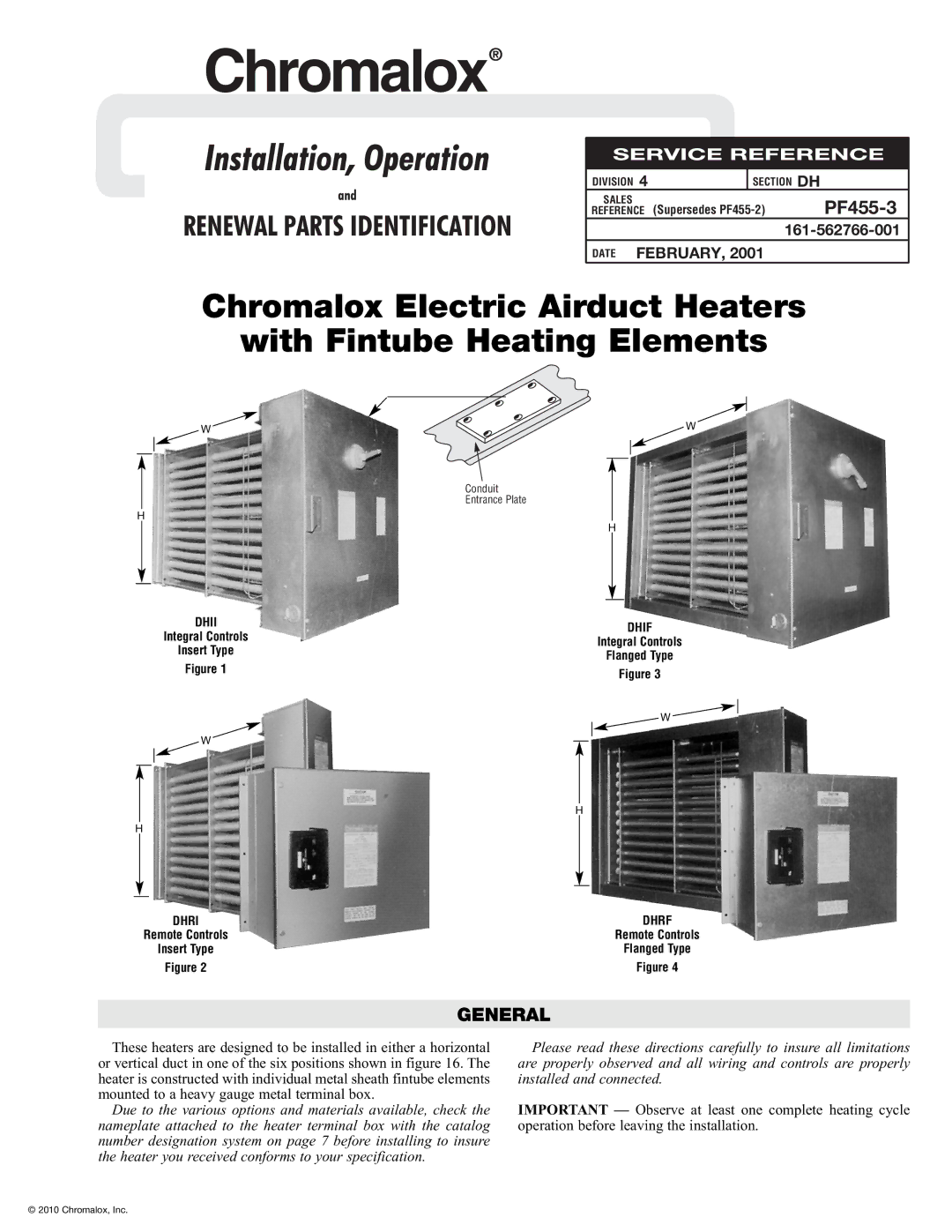 Chromalox PF455-3 manual General, 161-562766-001 