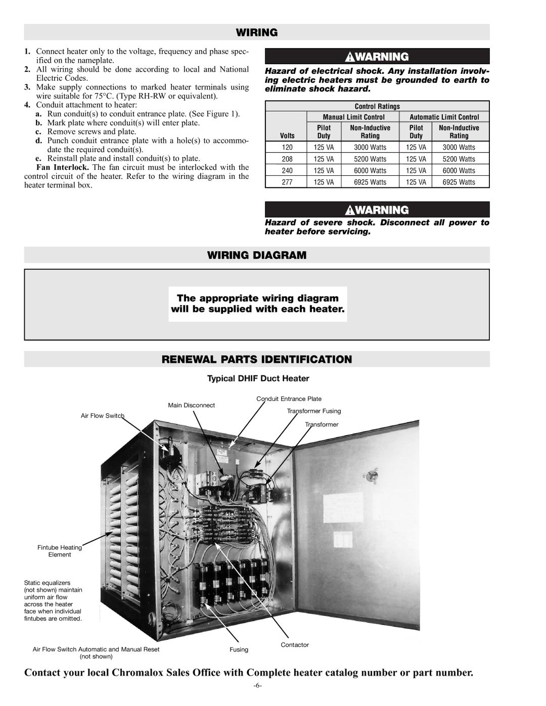 Chromalox PF455-3 manual Wiring Diagram, Renewal Parts Identification, Typical Dhif Duct Heater 