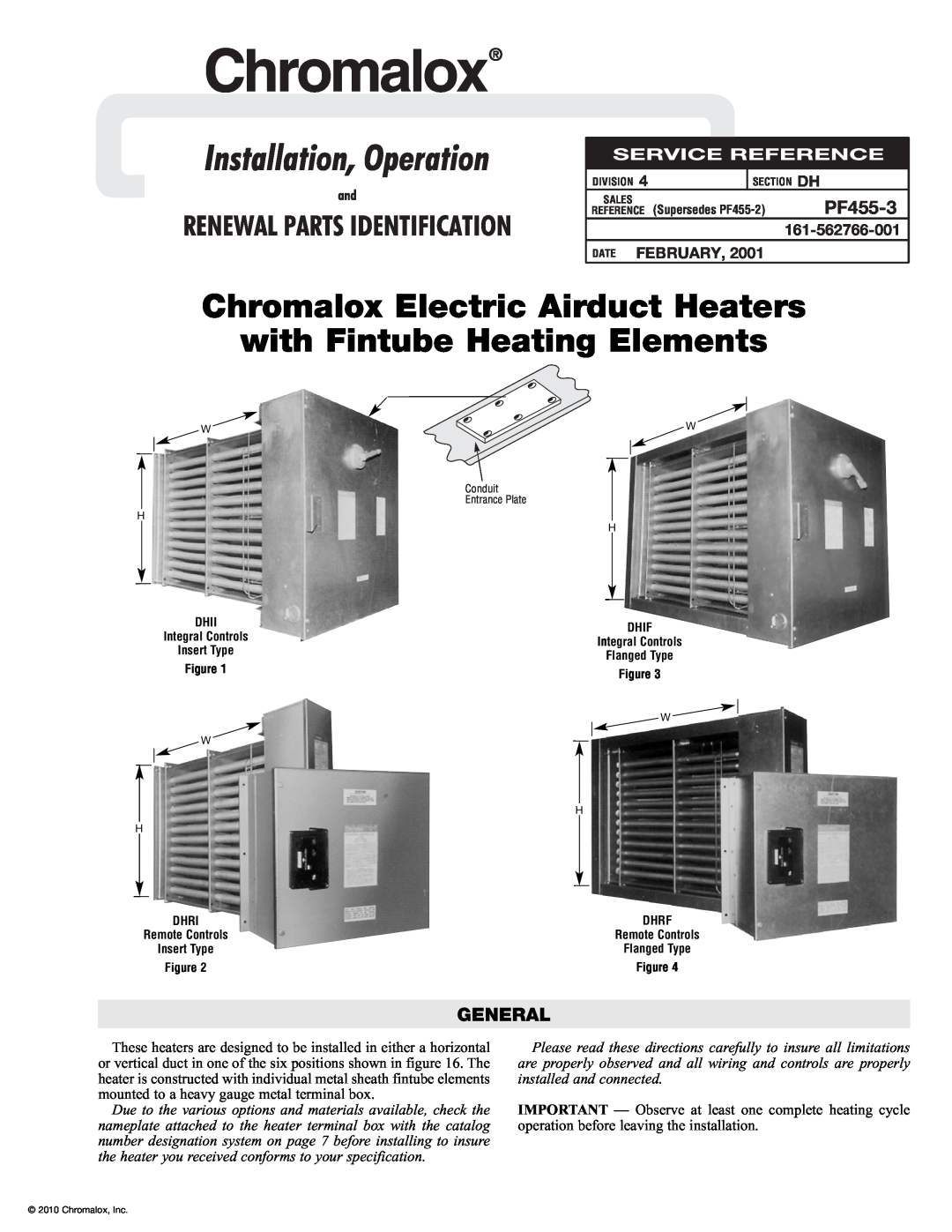 Chromalox PF455-3 manual General, 161-562766-001, Date February, Chromalox Electric Airduct Heaters, Division, Sales 