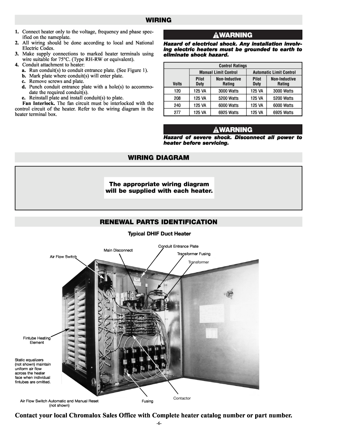 Chromalox PF455-3 manual Wiring Diagram, Renewal Parts Identification, Typical DHIF Duct Heater 