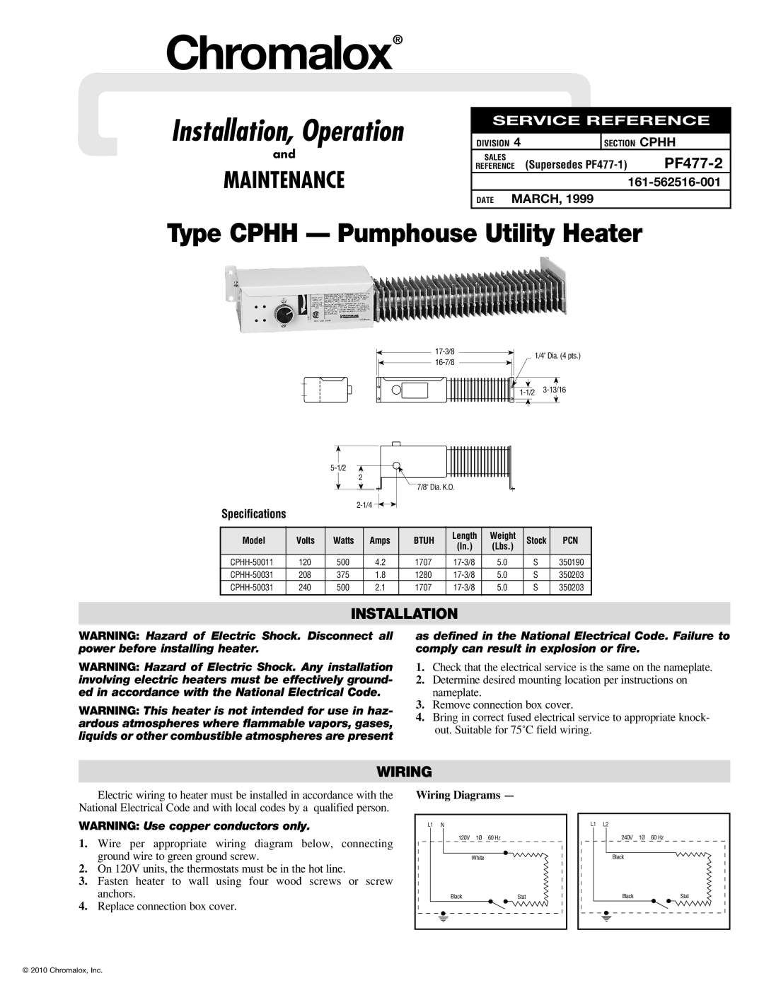 Chromalox PF477-2 specifications Installation, Wiring, Specifications 