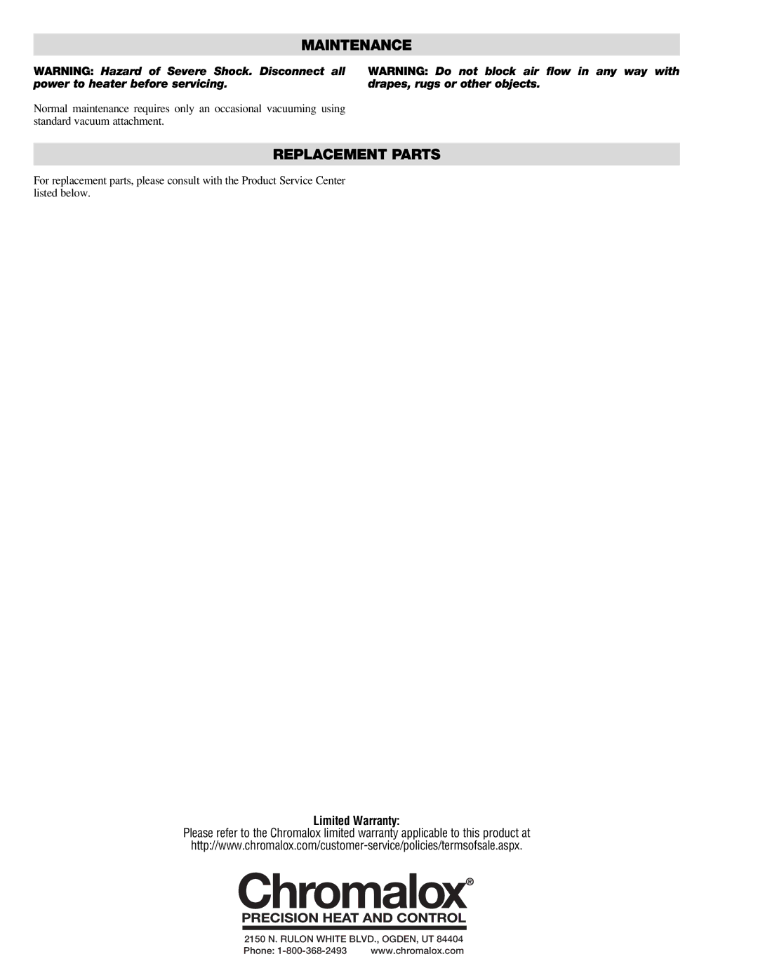 Chromalox PF477-2 specifications Maintenance, Replacement Parts, Limited Warranty 