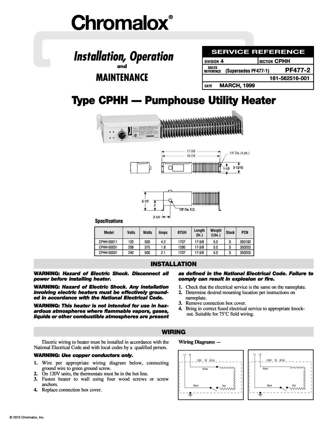 Chromalox PF477-2 specifications Wiring, Specifications, Chromalox, Installation, Operation, Maintenance, Date March 