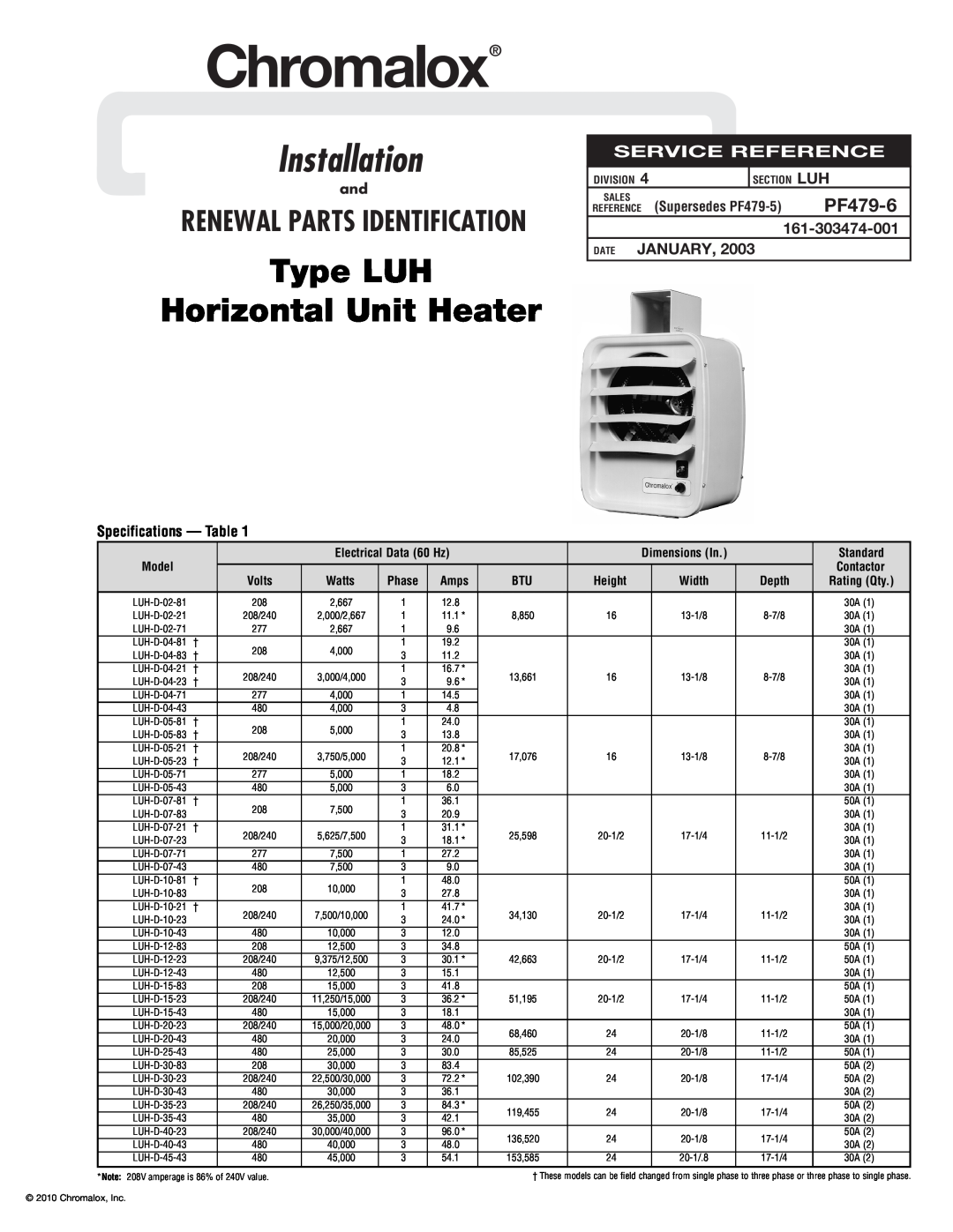 Chromalox PF479-6 dimensions Specifications - Table, Date January, Chromalox, Installation, Renewal Parts Identification 