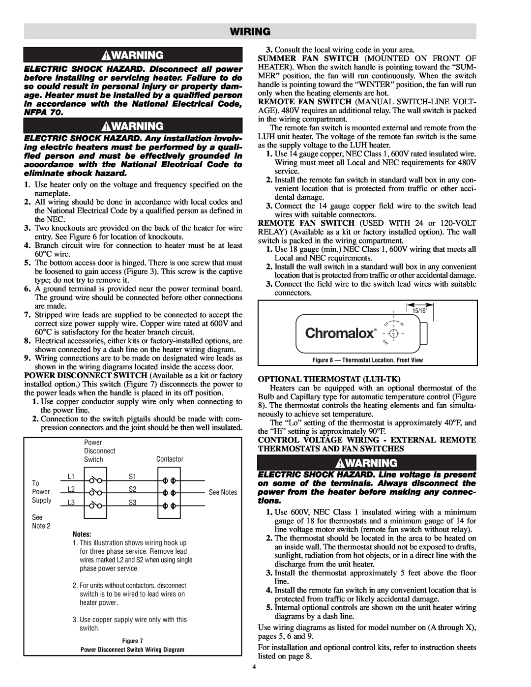 Chromalox PF479-6 dimensions Wiring, Optional Thermostat Luh-Tk, Chromalox 
