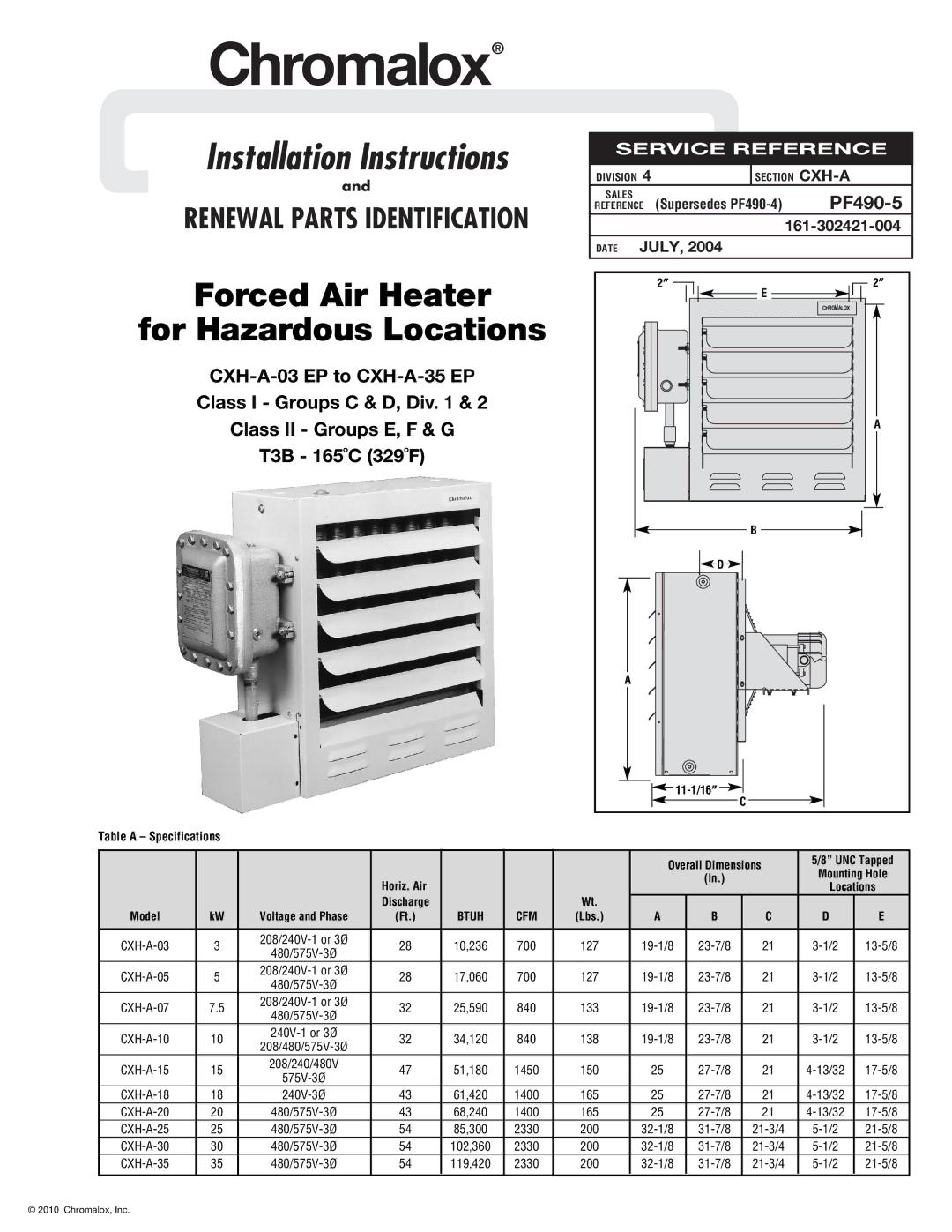 Chromalox PF490-5 installation instructions 161-302421-004, July, Table a Specifications 