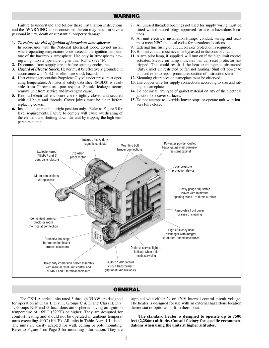 Chromalox PF490-5 installation instructions General, To reduce the risk of ignition of hazardous atmospheres 