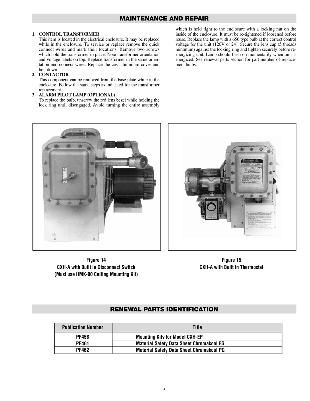 Chromalox PF490-5 installation instructions Renewal Parts Identification, Title, Mounting Kits for Model CXH-EP 