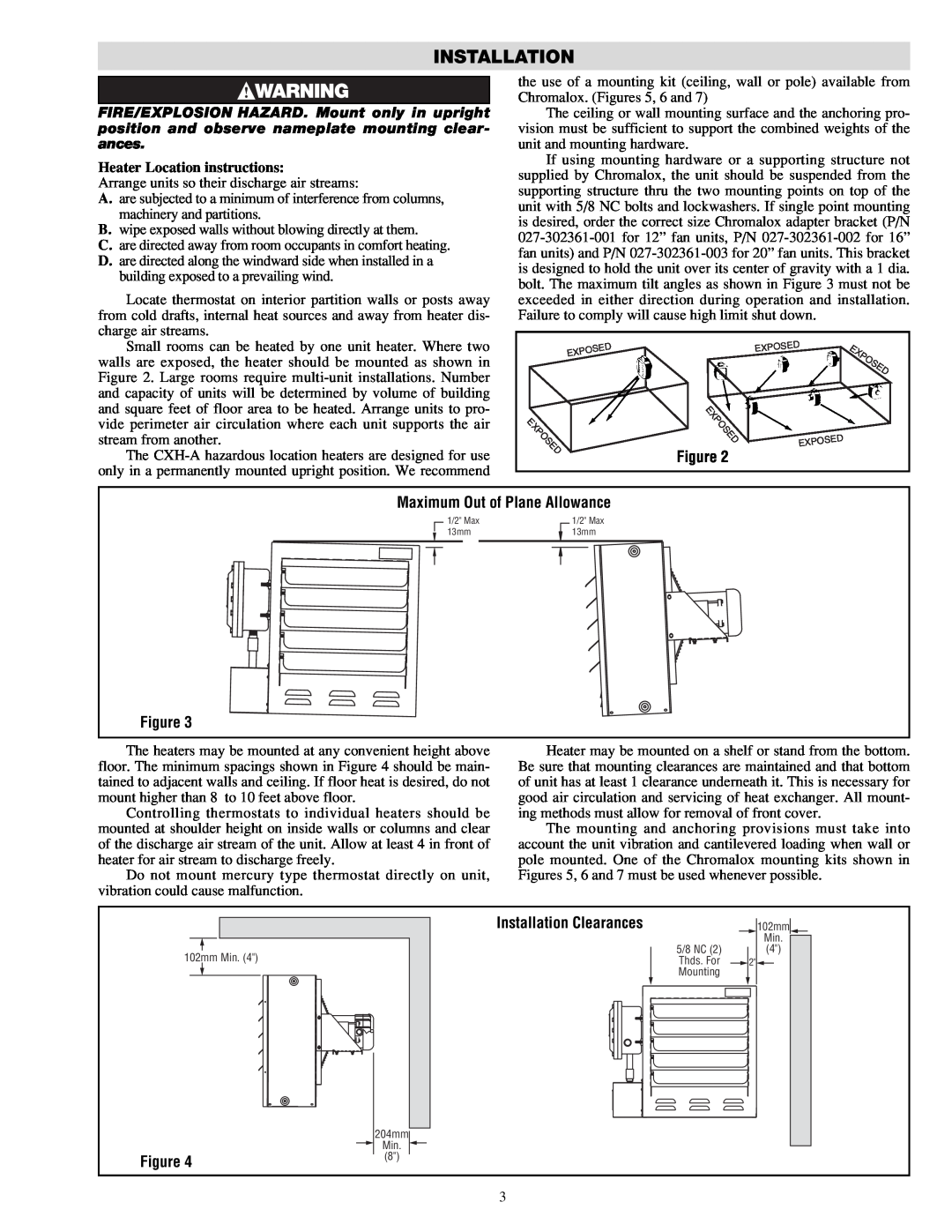 Chromalox PF490-5 installation instructions Installation, Heater Location instructions, Maximum Out of Plane Allowance 