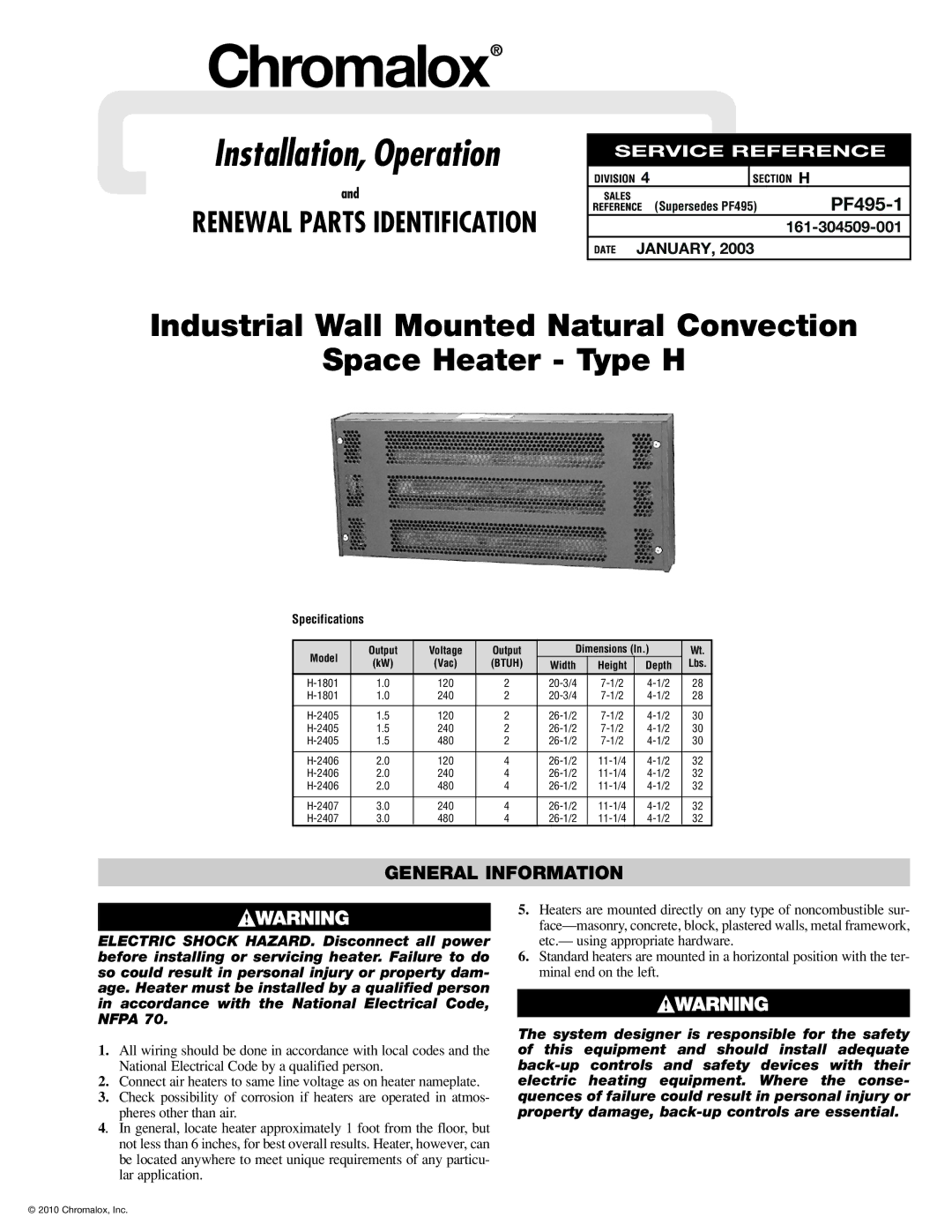 Chromalox PF495-1 specifications Installation, Operation, General Information 