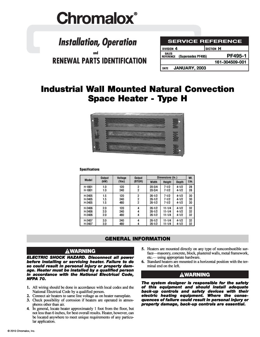 Chromalox PF495-1 specifications General Information, Installation, Operation, Industrial Wall Mounted Natural Convection 