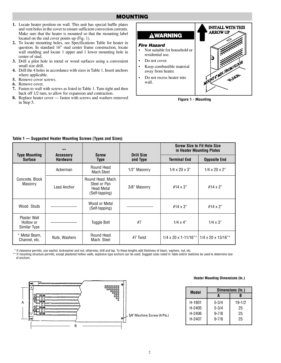 Chromalox PF495-1 specifications Mounting, Fire Hazard 