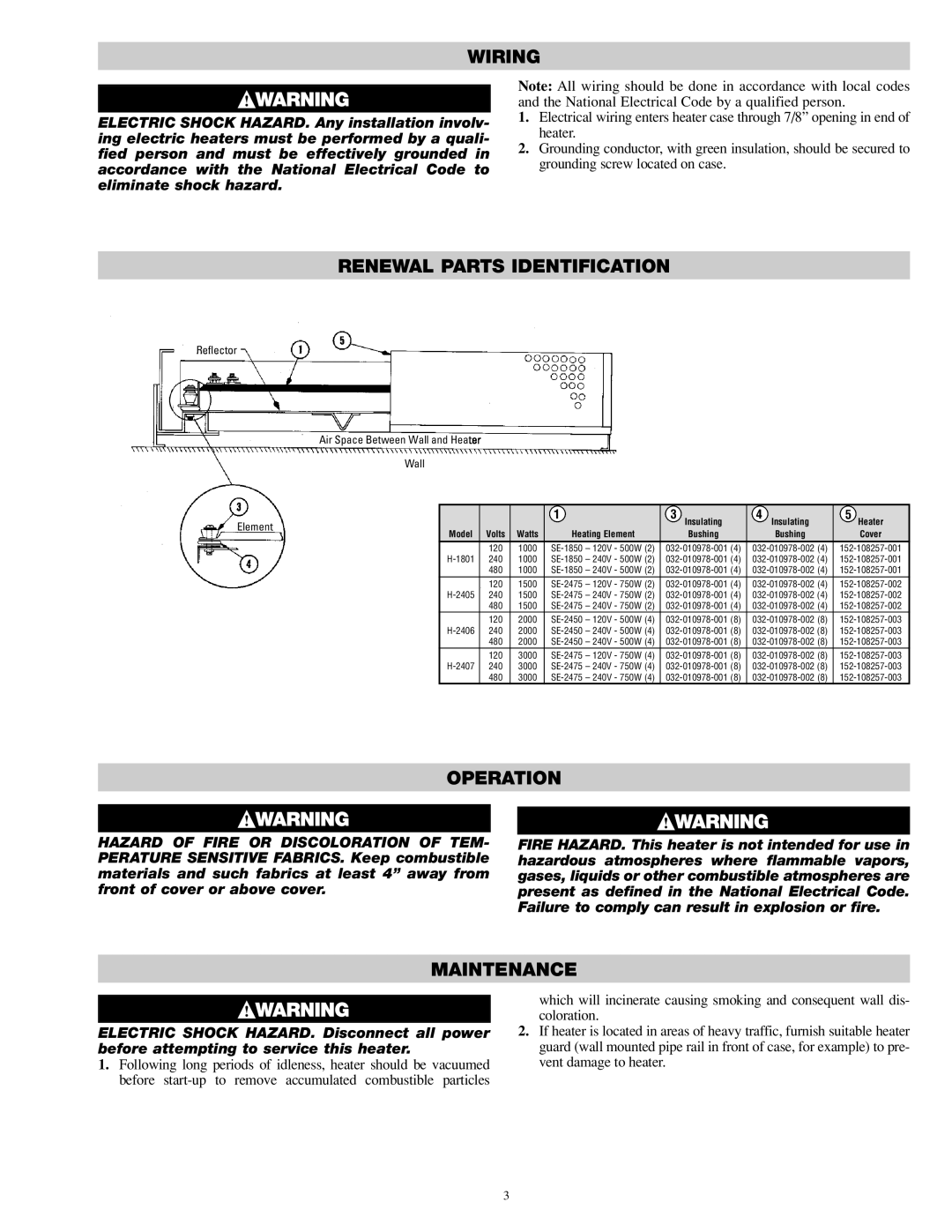 Chromalox PF495-1 specifications Wiring, Renewal Parts Identification, Operation, Maintenance 