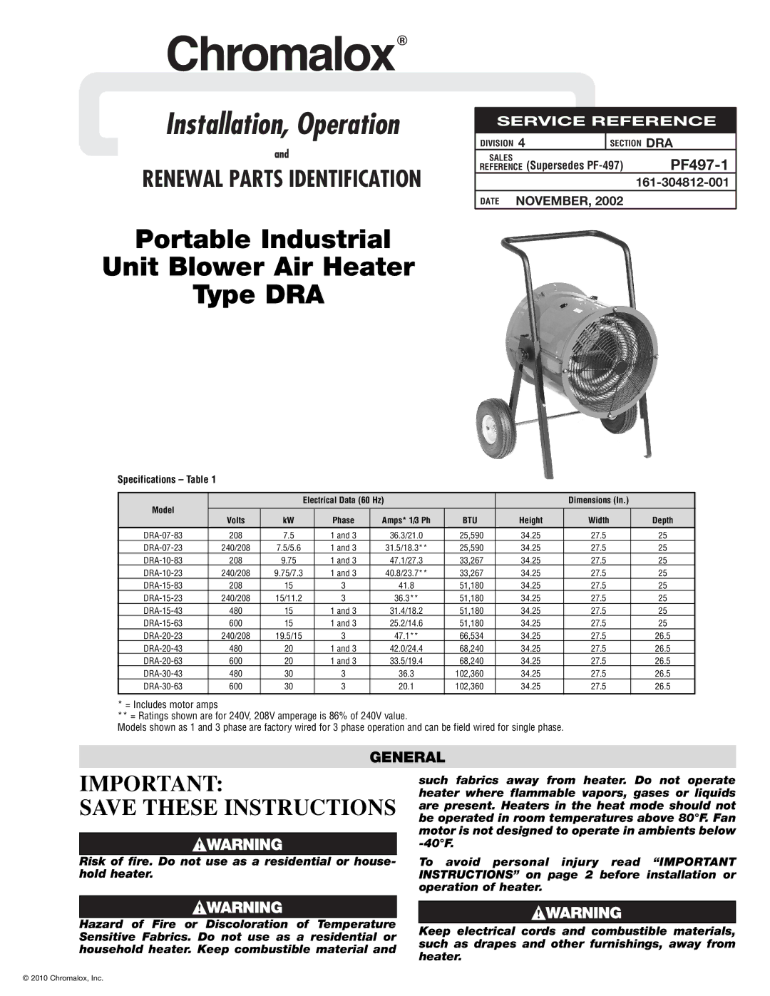 Chromalox PF497-1 specifications General, Specifications Table, Btu 