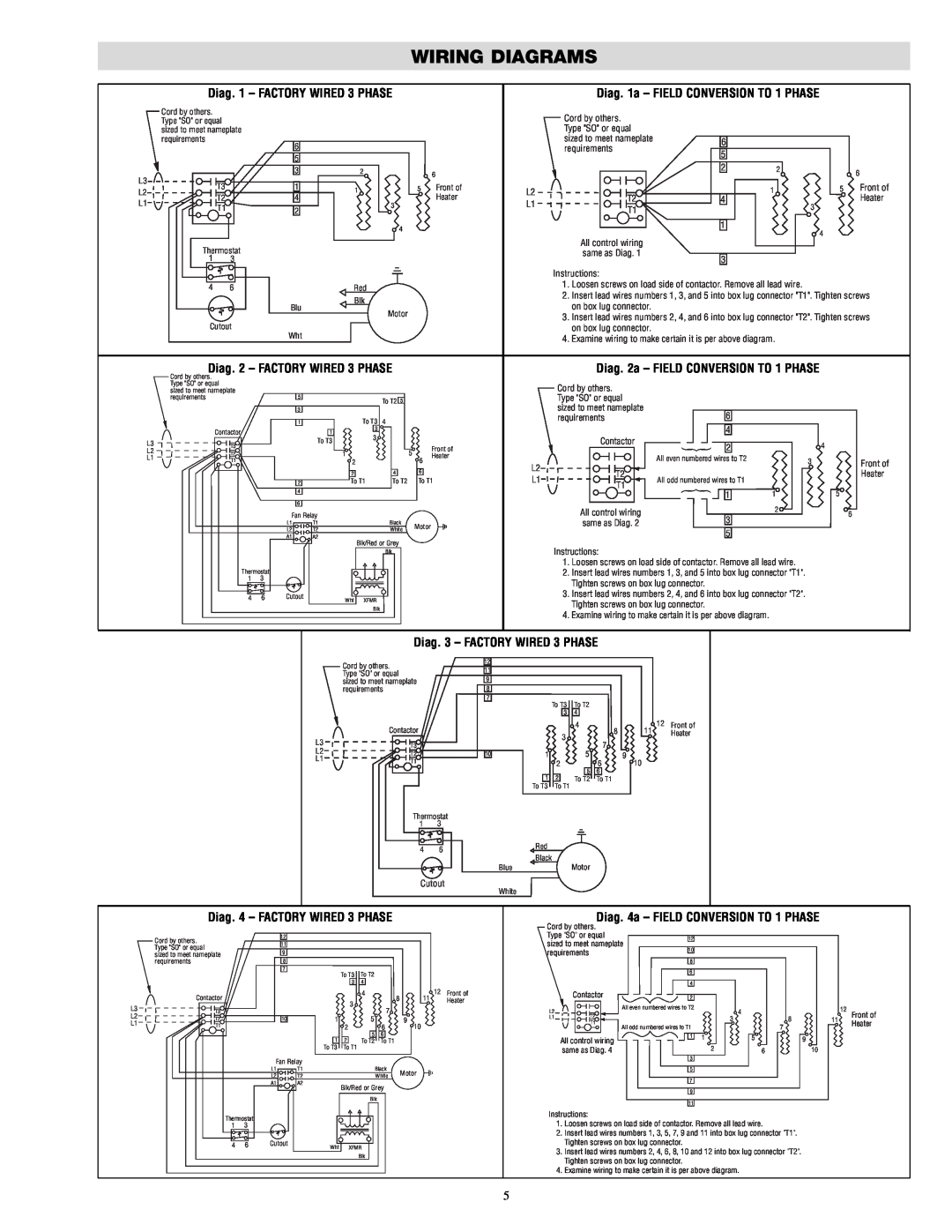 Chromalox PF497-1 specifications Wiring Diagrams, Diag. 3 - FACTORY WIRED 3 PHASE, Diag. 4 - FACTORY WIRED 3 PHASE 